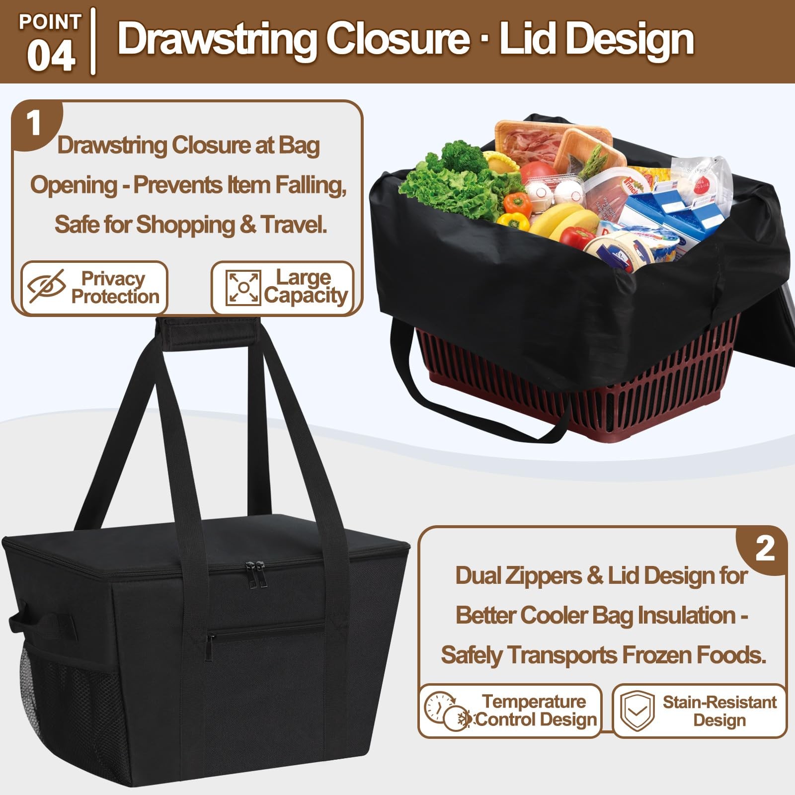 Insulated Grocery Bag Removable Bottom Board Zip Drawstring Cooler Delivery