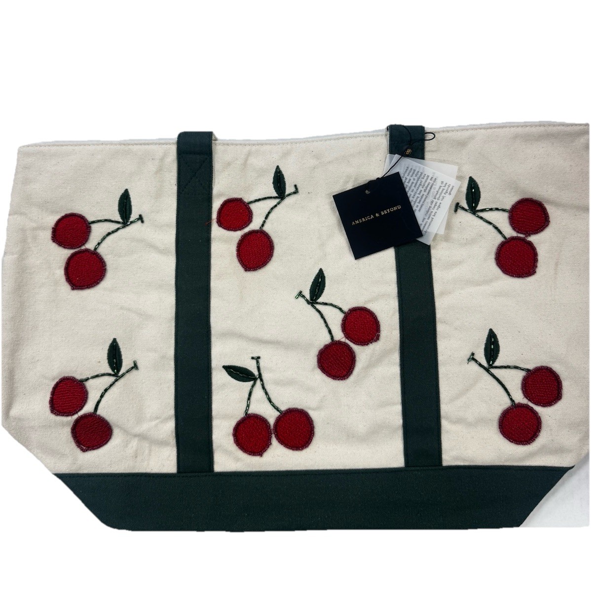 America & Beyond Cherry Embroidered Beach Tote Bag Beige/Green/Red/Black