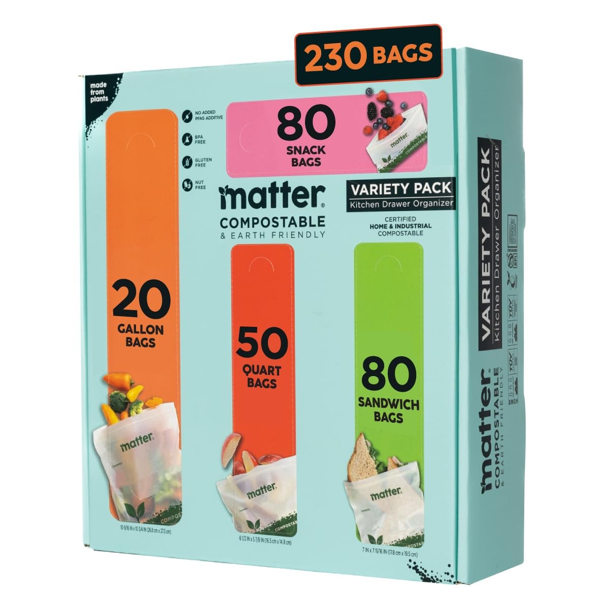 Matter Compostable Resealable Bags, Snack, Sandwich, Quart, One Size, Opaque