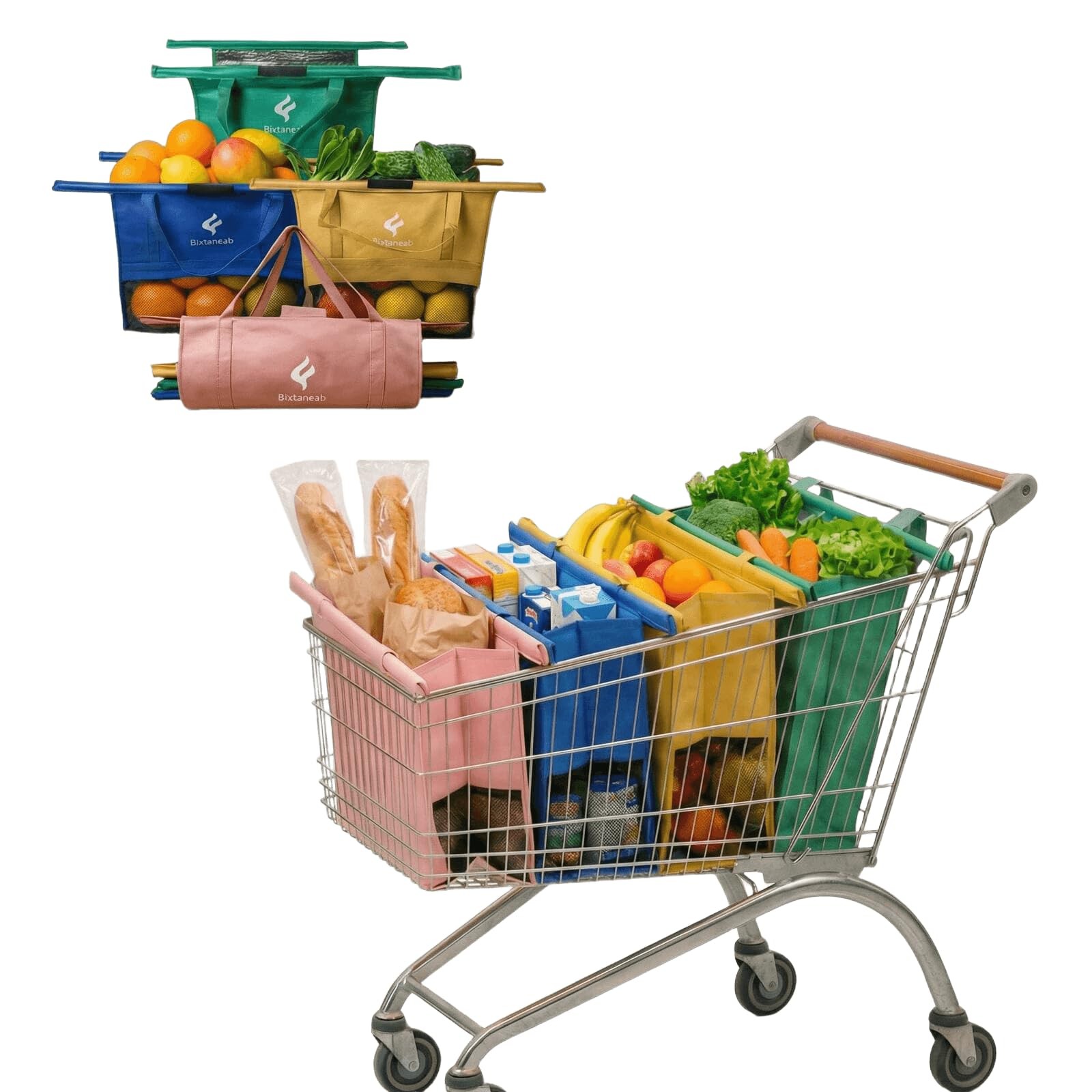 Shopping Cart Bags for Groceries, 4-Pack Collapsible Reusable Grocery Cart Ba…