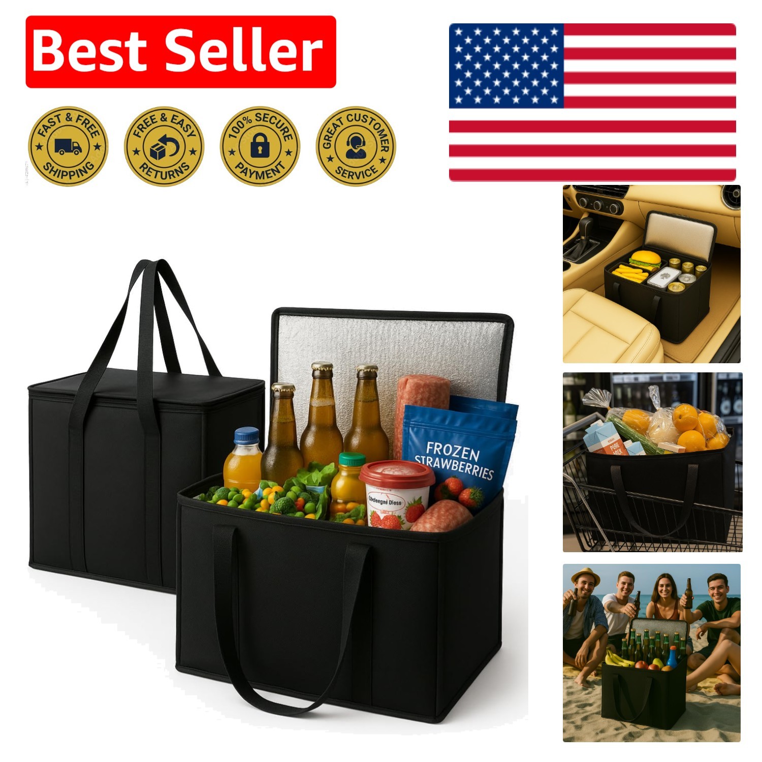 2-Pack, XL-Large Insulated Grocery Shopping Bags, Black, Reusable Bag,Thermal…
