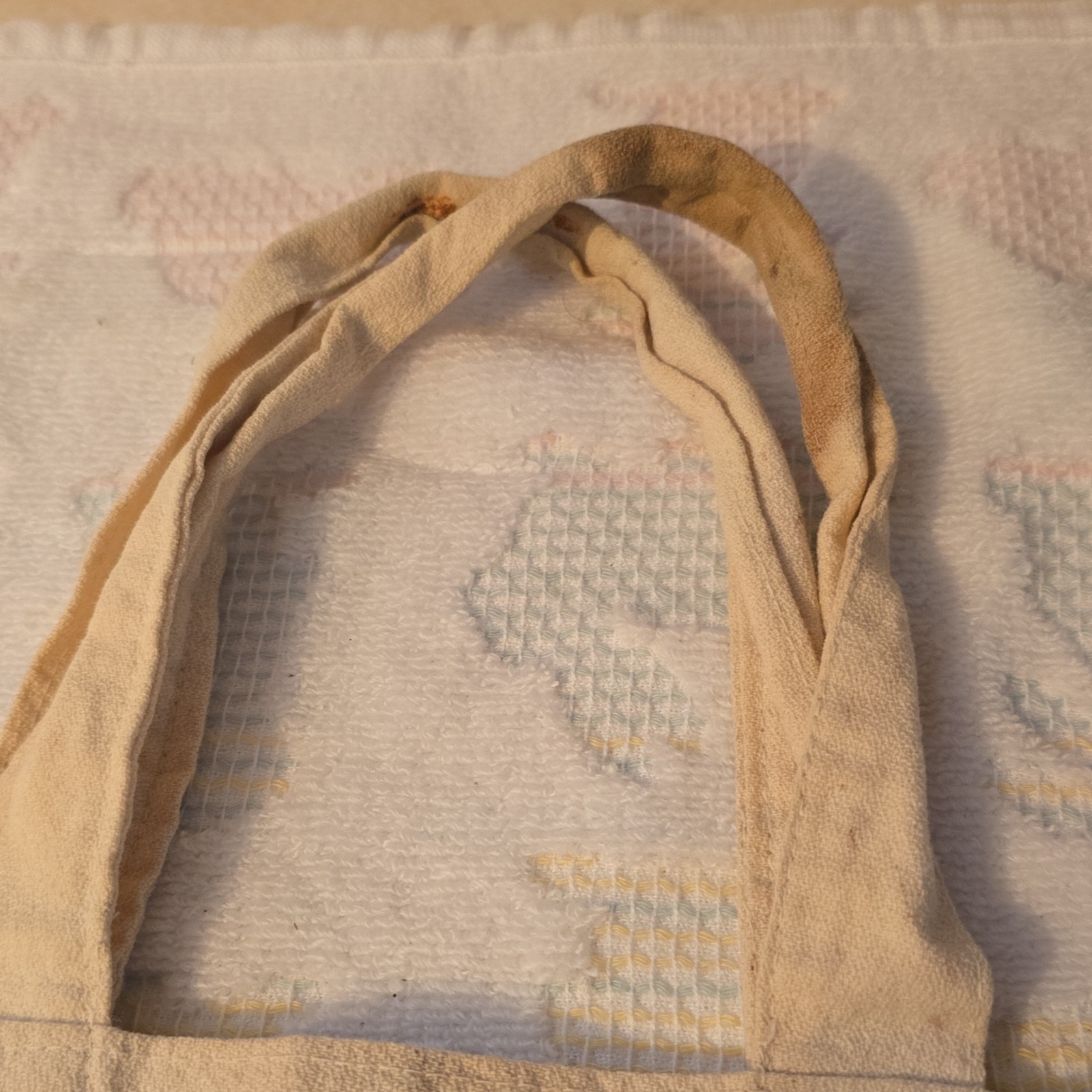 Foldable Canvas Appliqué Reusable Shopping Bag Beige Multicolor