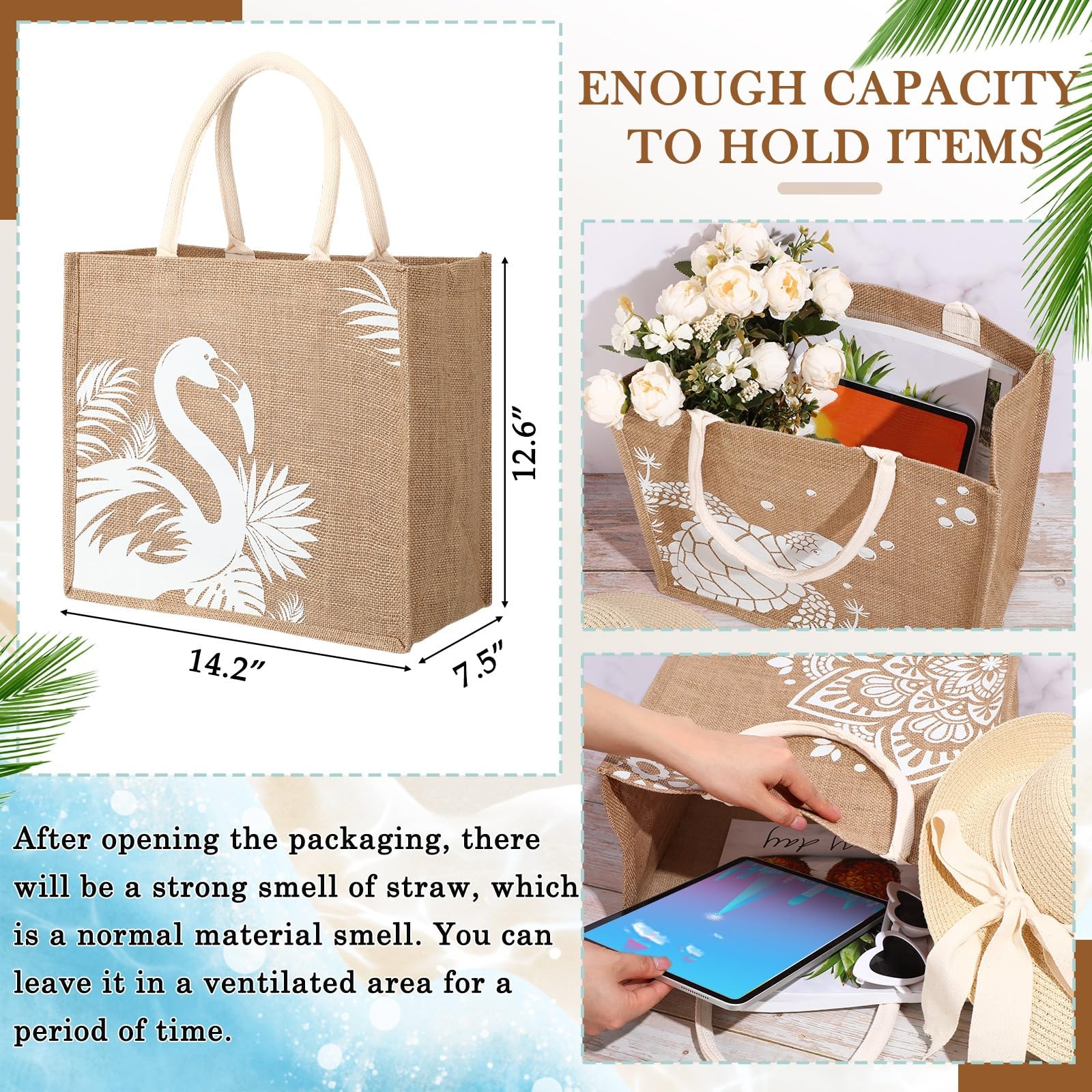 6 PCS Beach Burlap Tote Bags Bulk Large Handles 14.2×12.6×7.5 Inch Main White
