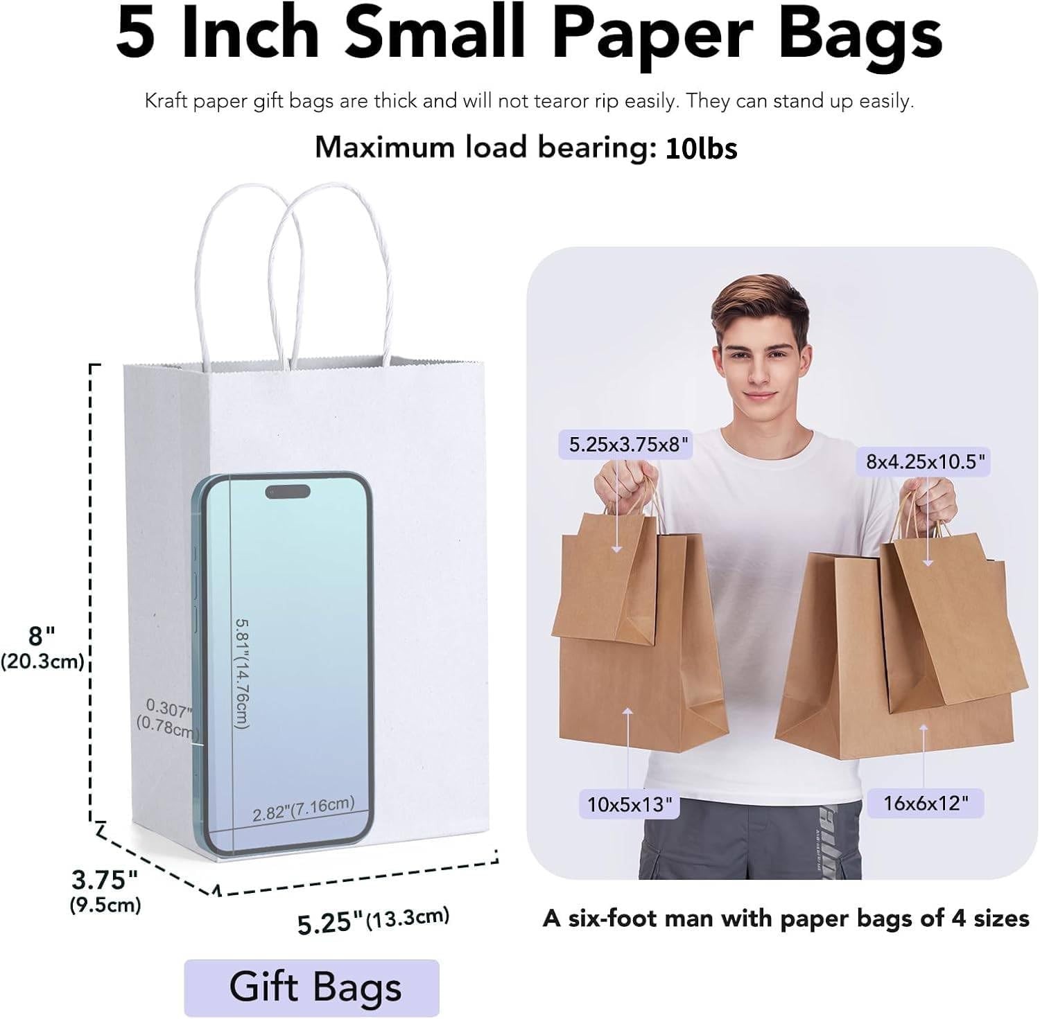 White Paper Bags with Handles 5.25 x 3.75 x 8 In, 20 Pack, Small Bags for