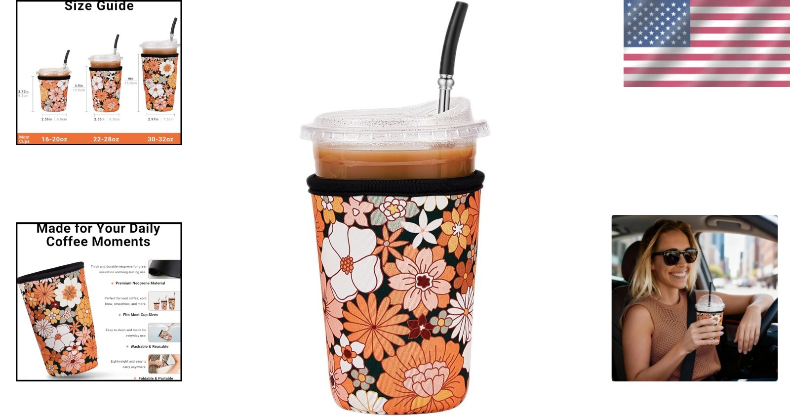 Eco-Friendly Iced Coffee Sleeve – Medium 22-28oz Neoprene Cup Holder, Bohe Daisy