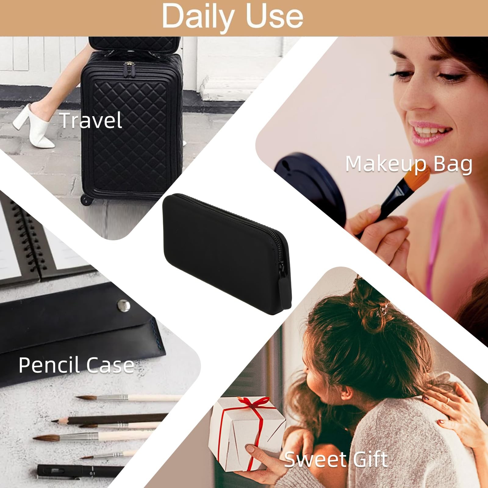 AIBFRID 2PCS Silicone Makeup Brush Bag Travel Zipper Black White