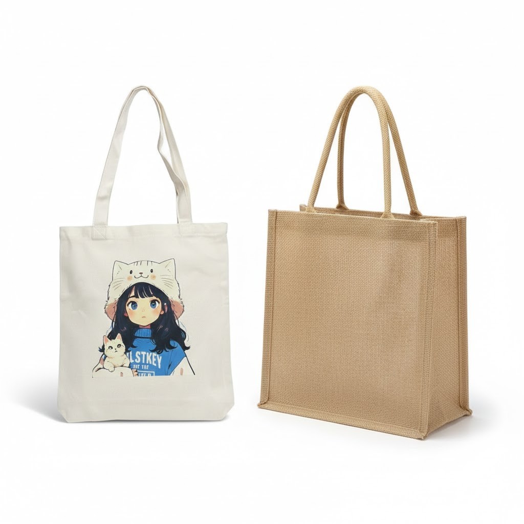 Jute & Cotton Canvas Tote Bag Combo Eco Friendly Reusable Shopping Bags (2 Pack)
