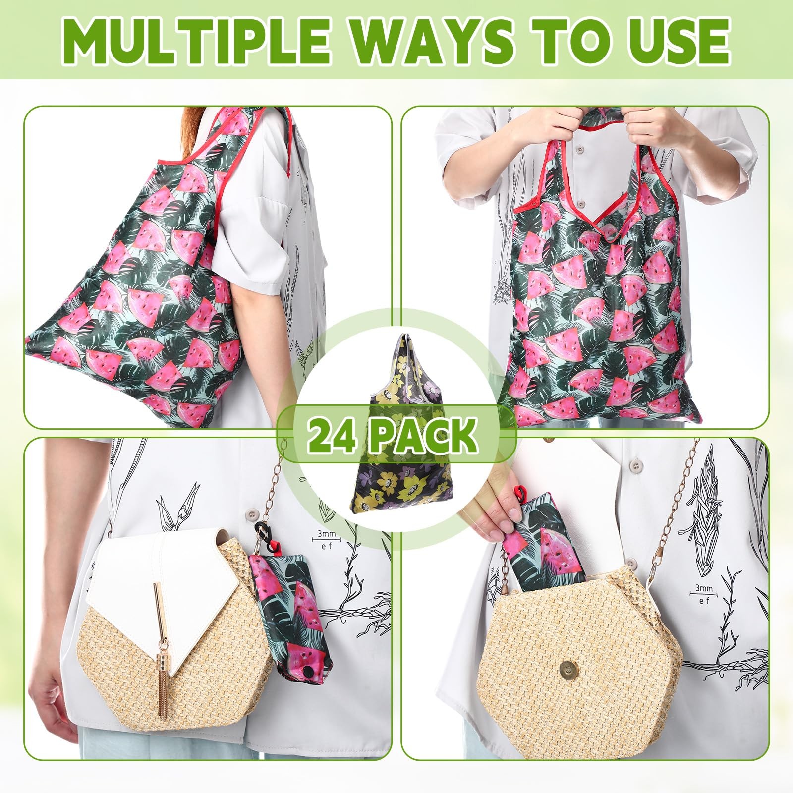 24 Pcs Foldable Reusable Shopping Bag Recycle Travel Grocery Bag Fold to Pock…