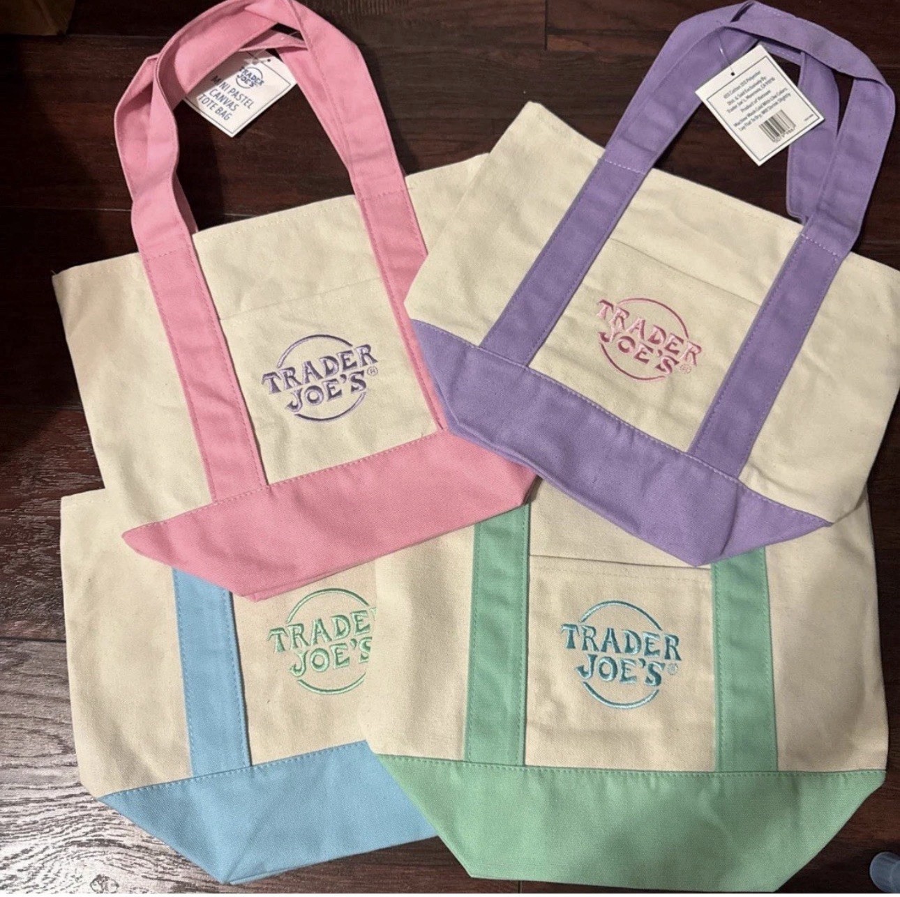 Trader Joe’s Mini Pastel Canvas Tote Bag Set Of 4 NWT Blue Green Pink Purple