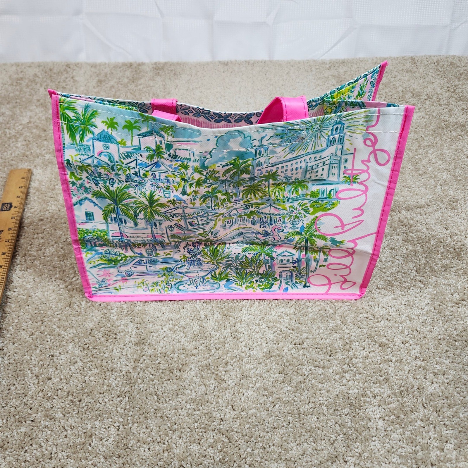 Lilly Pulitzer Reusable Shopping Tote Bag Pink Tropical Cityscape Print Large
