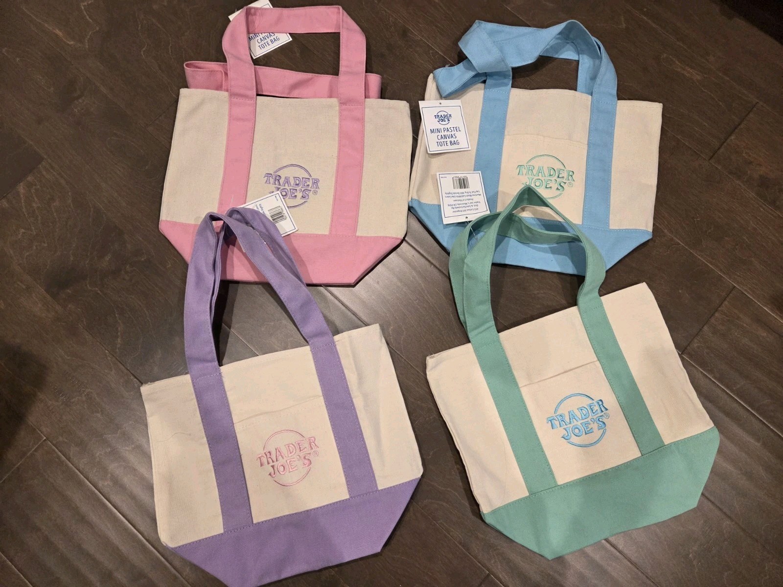 Trader Joe’s Mini Pastel Canvas Tote Bag Set Of 4 NWT Blue Green Pink Purple