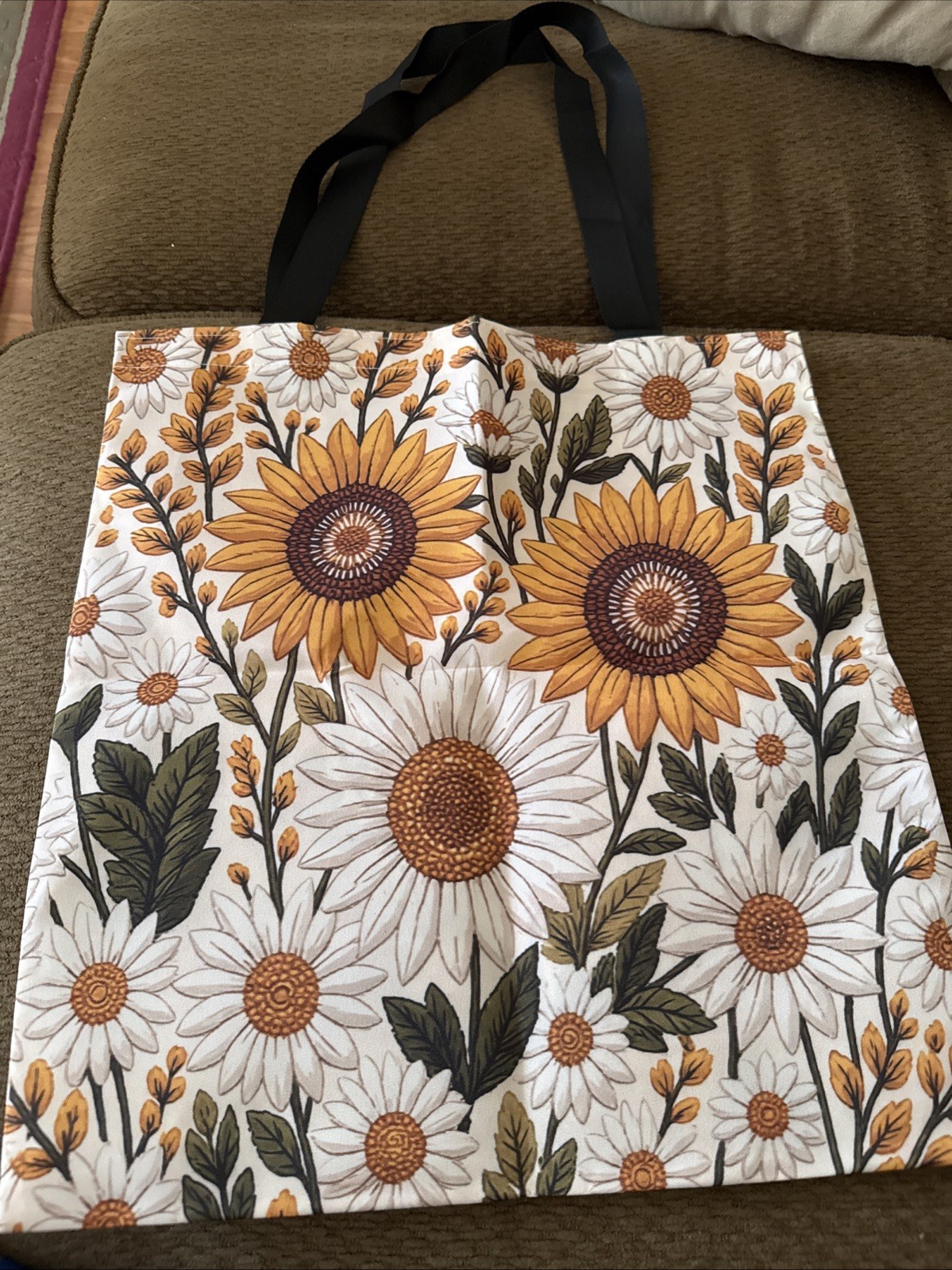 Sunflower Printing On Double Sides Polyester Tote Bag W/double Handles