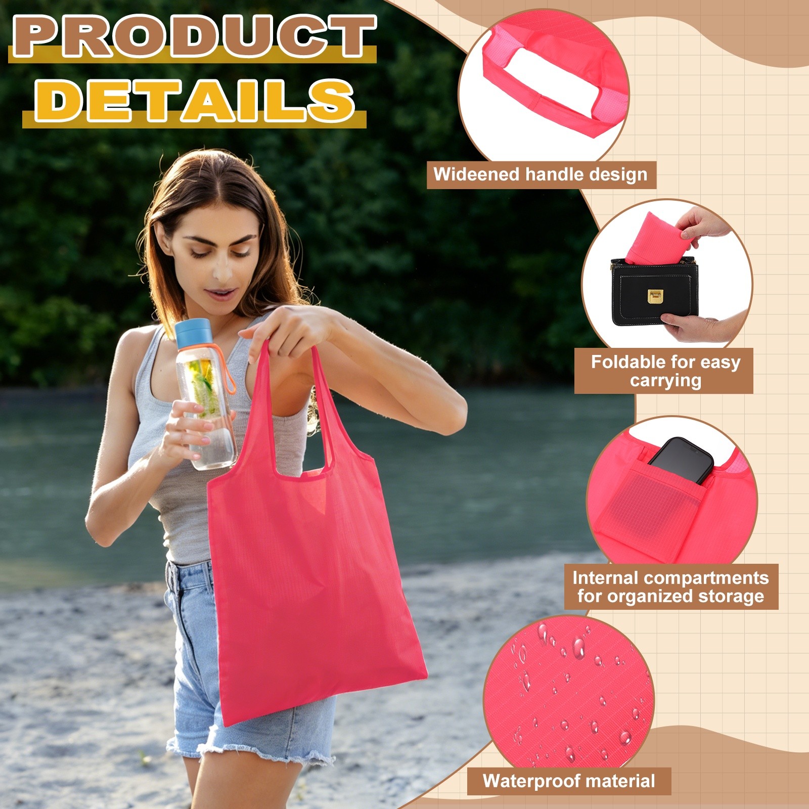 Washable Shopping Bags with Handles Bulk, Foldable Grocery Bags, Purple&L