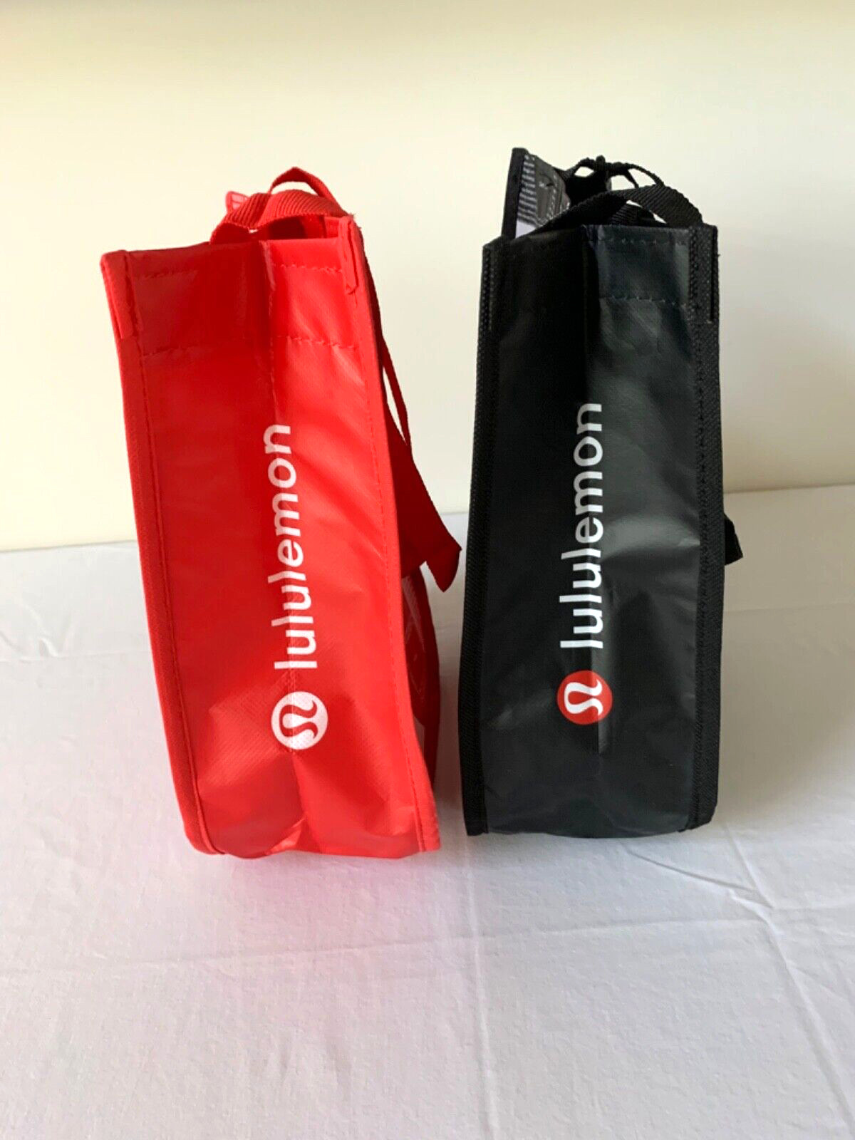 Lot of 2 Lululemon Reusable Shopping Bags 1) Red 1) Black with Snap / Handles