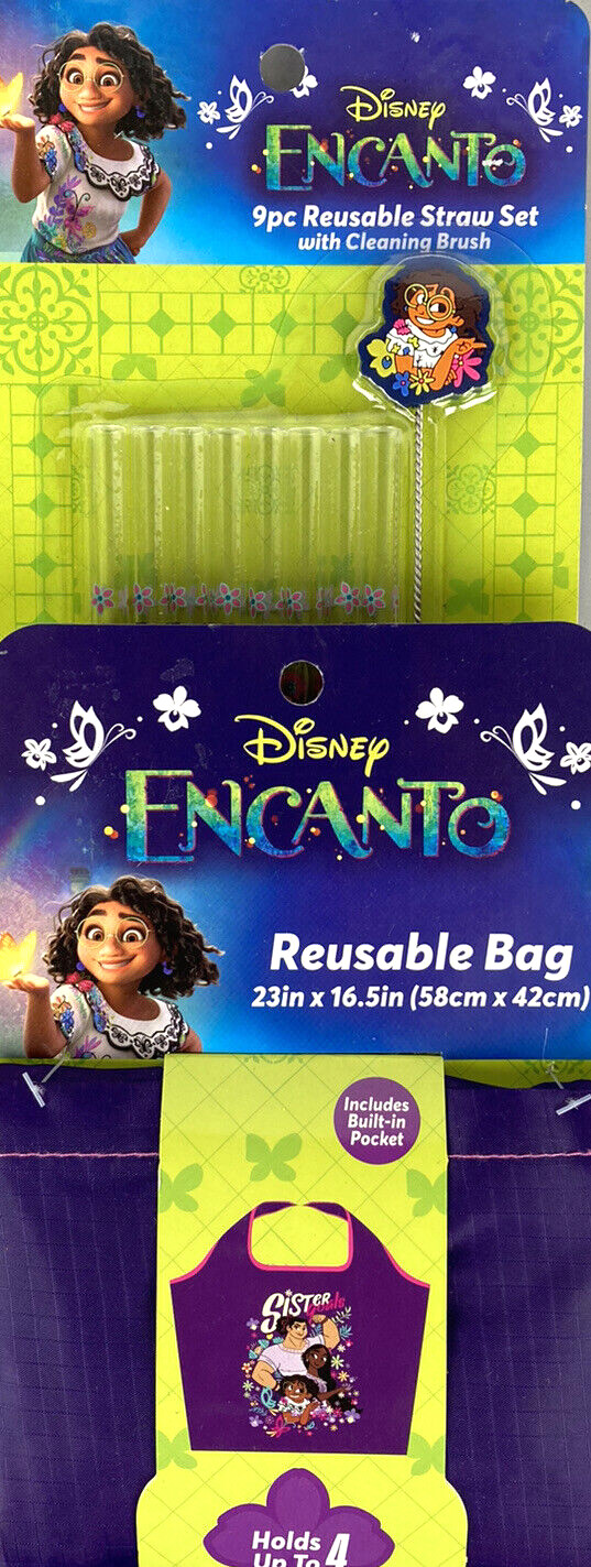 Disney Encanto Bundle Large Reusable Purple Shopping Bags & 9 pc Reusable Straws