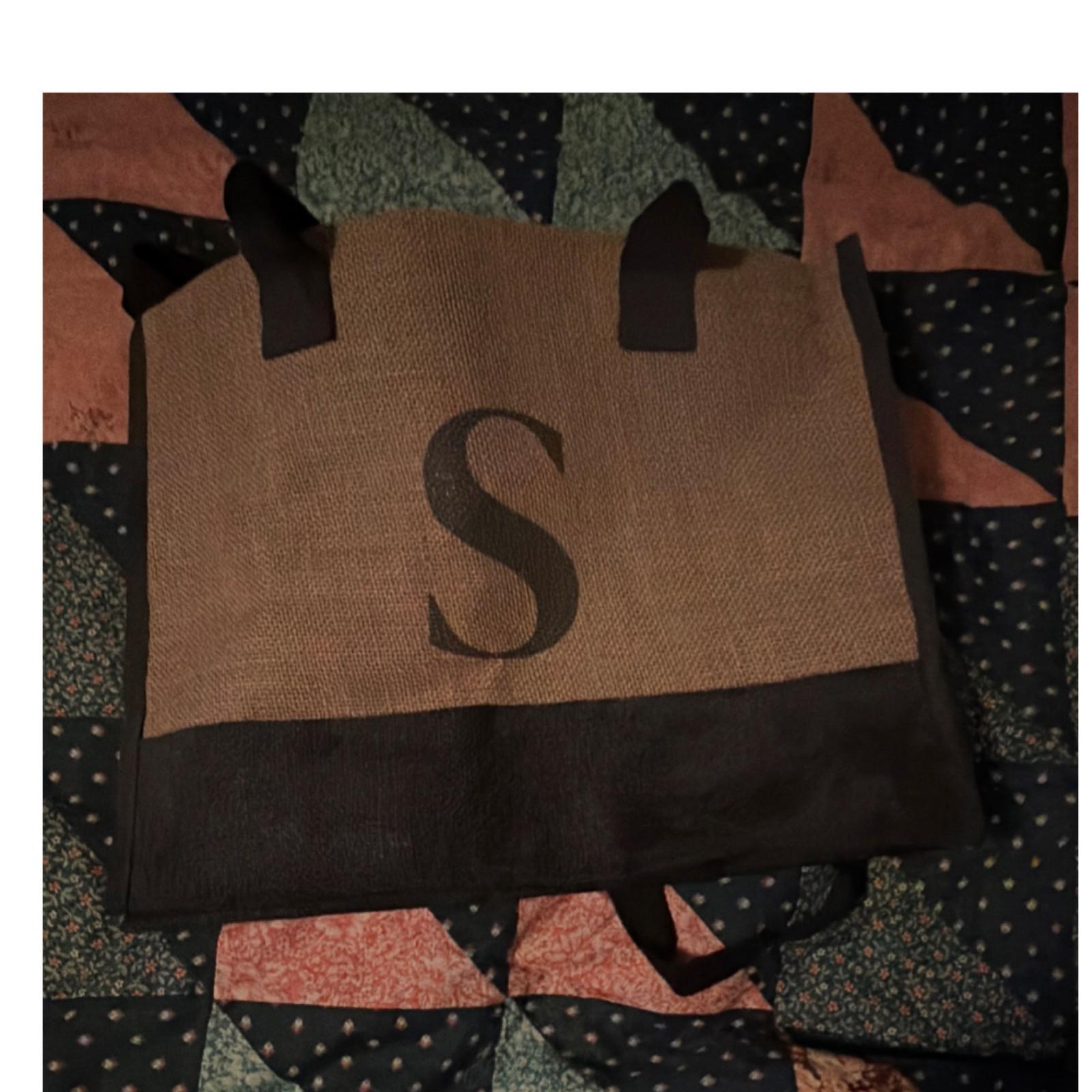 Jute Brown Black Foldable Reusable Shopping Bag 17x6x13 in with S Initial