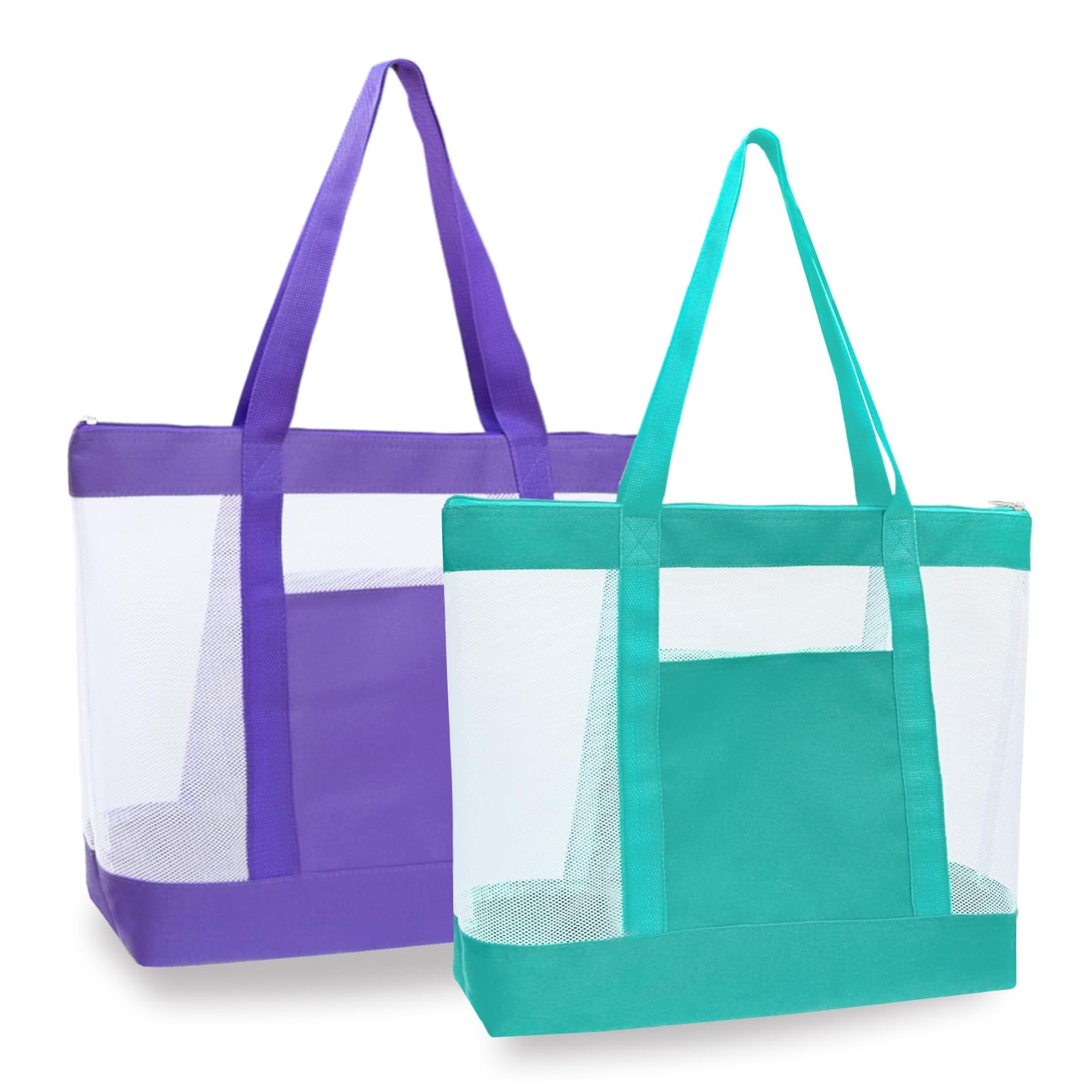 2 PCS Lightweight Mesh Tote Beach Bags Zipper Double Pocket Groceries Travel