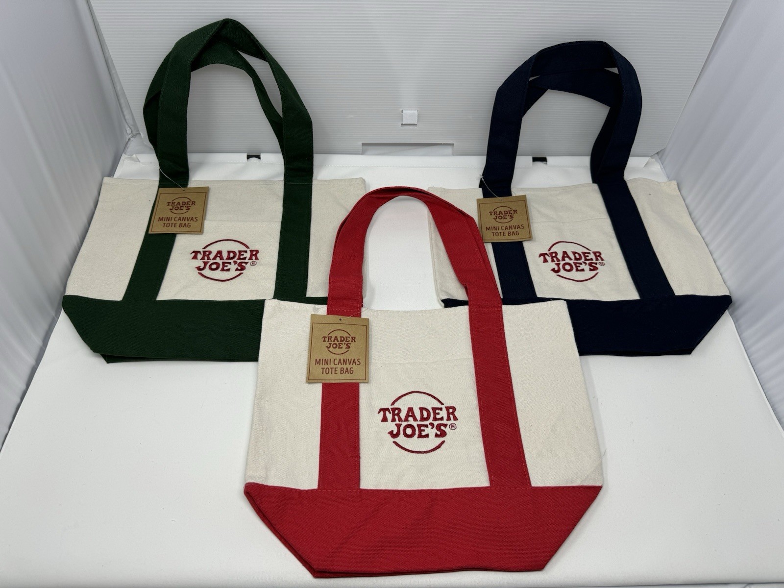 TRADER JOES 3 MINI CANVAS TOTE BAGS NWT FREE GIFT 🎁 FAST SHIP BLUE GREEN RED