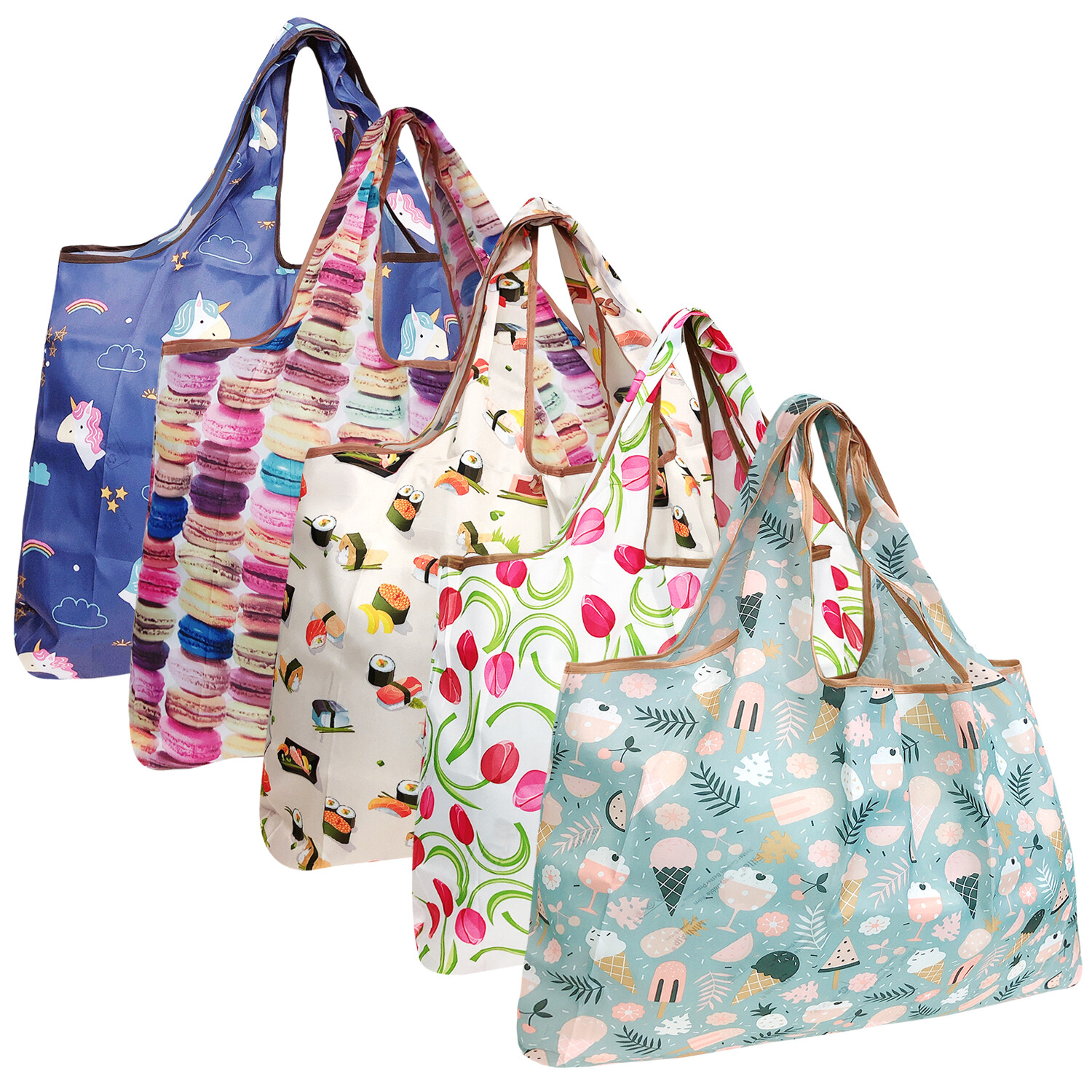 Wrapables Large Foldable Tote Nylon Reusable Grocery Bag, 5 Pack