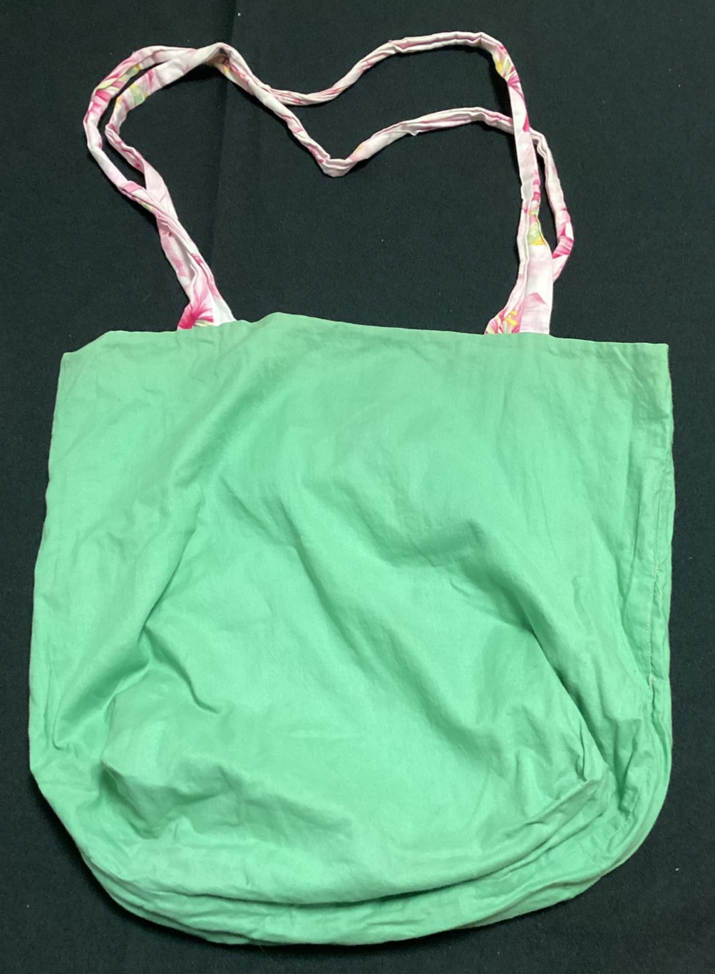 White Pink Hibiscous Flower Reversible Green Floral Fabric Bag 16″ Reusable
