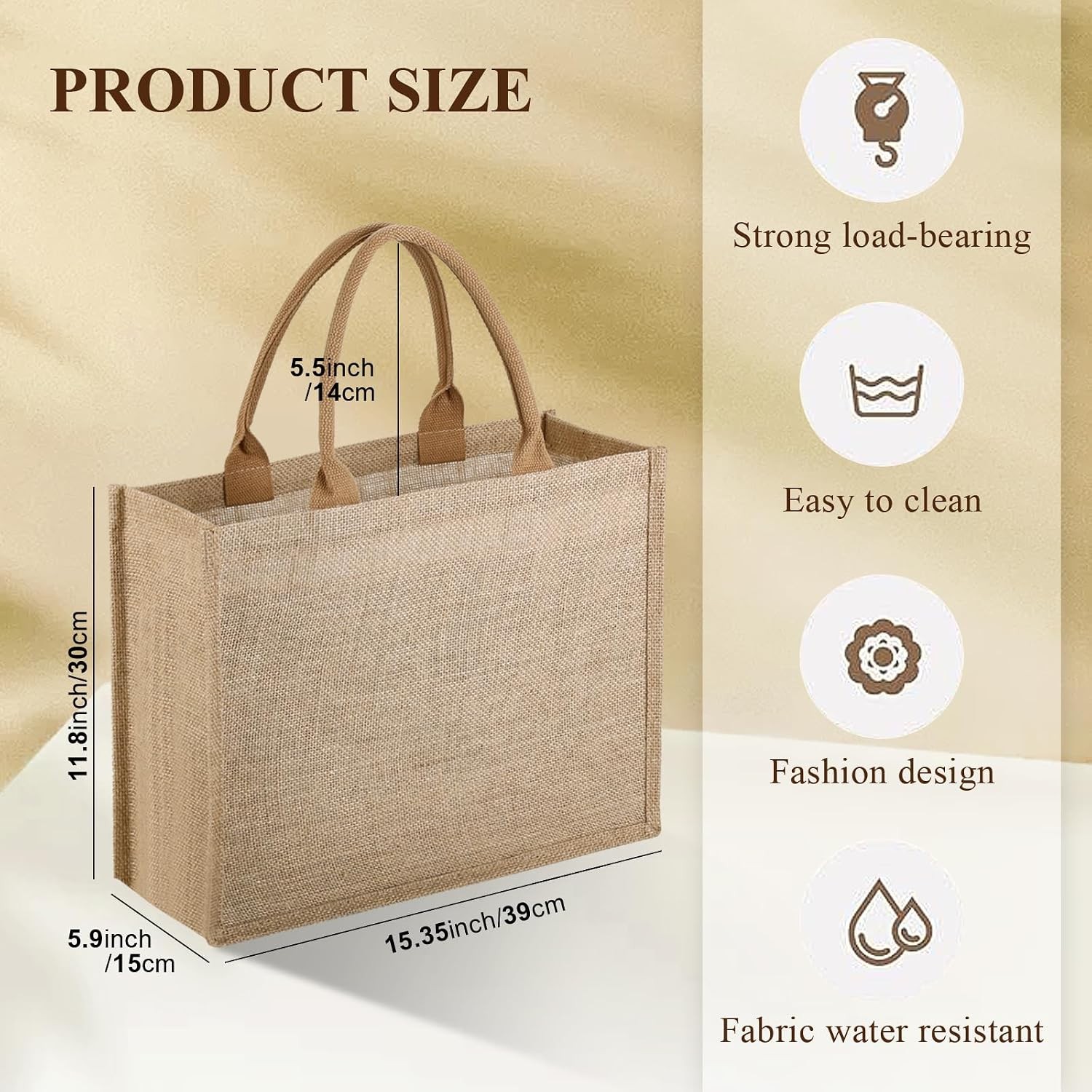 10 Pack Reusable Jute Tote Bags with Handles, 15.1X11.8X5.5 Inch Large Natural