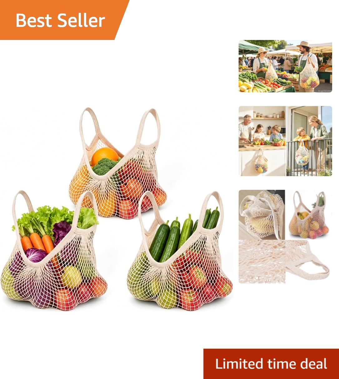 Expandable Retro Cotton Mesh Grocery Bags – Pack of 3, Perfect for Any Outing