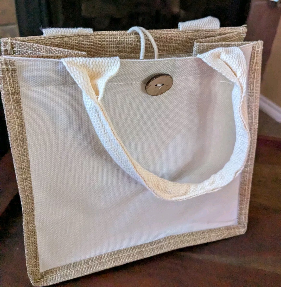 Burlap & Canvas Tote Gift Bag with Button Medium 8 x 7.5 x 5