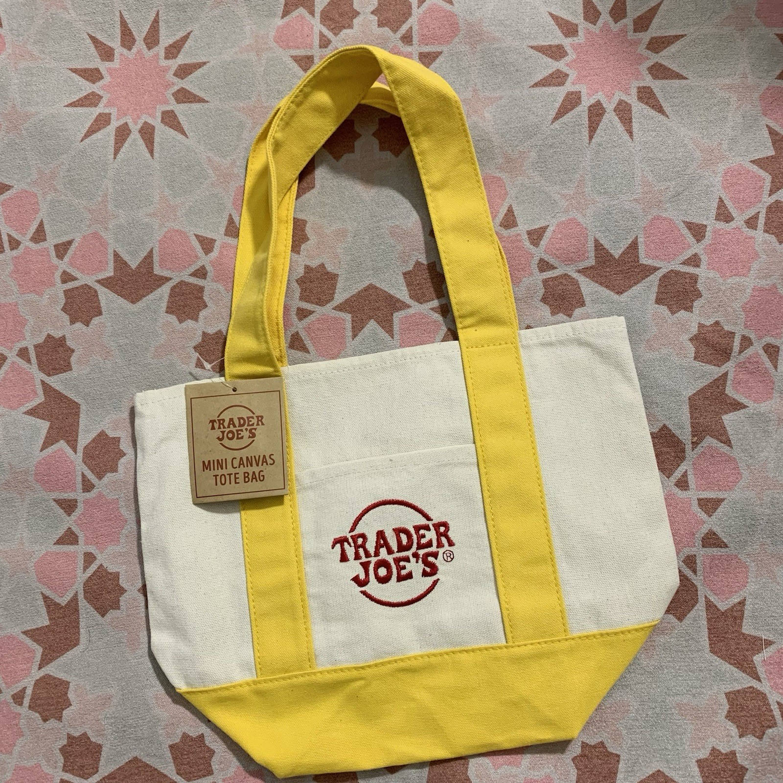 Trader Joe’s Canvas Mini Tote Bag Yellow Pockets New