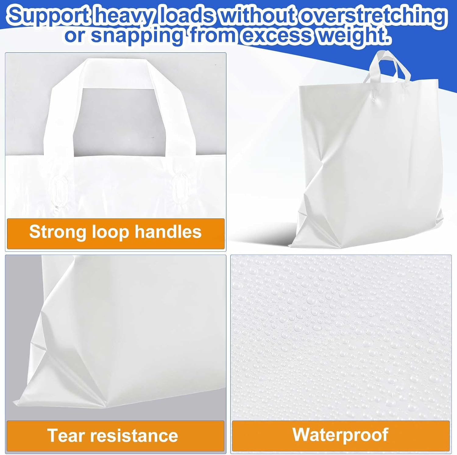 50 Pack 24″ X 24″ Large White Plastic Shopping Bags with Handles Reusable Mercha