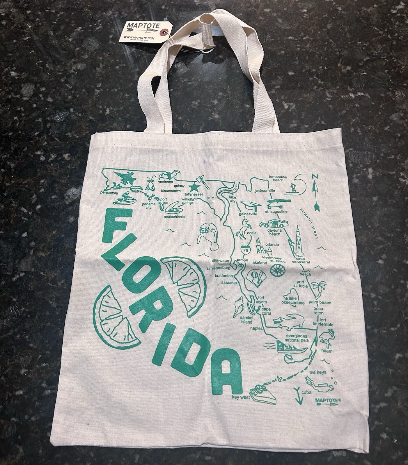Maptote Florida Grocery Tote 100% Cotton Canvas Foldable Map White Green Bag