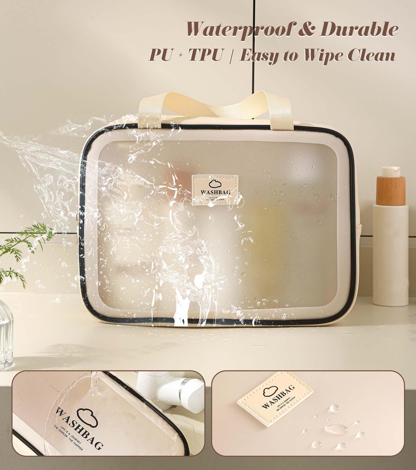 Heliar Large Travel Toiletry Bag with Dry Wet Separation– PVC Large, Beige