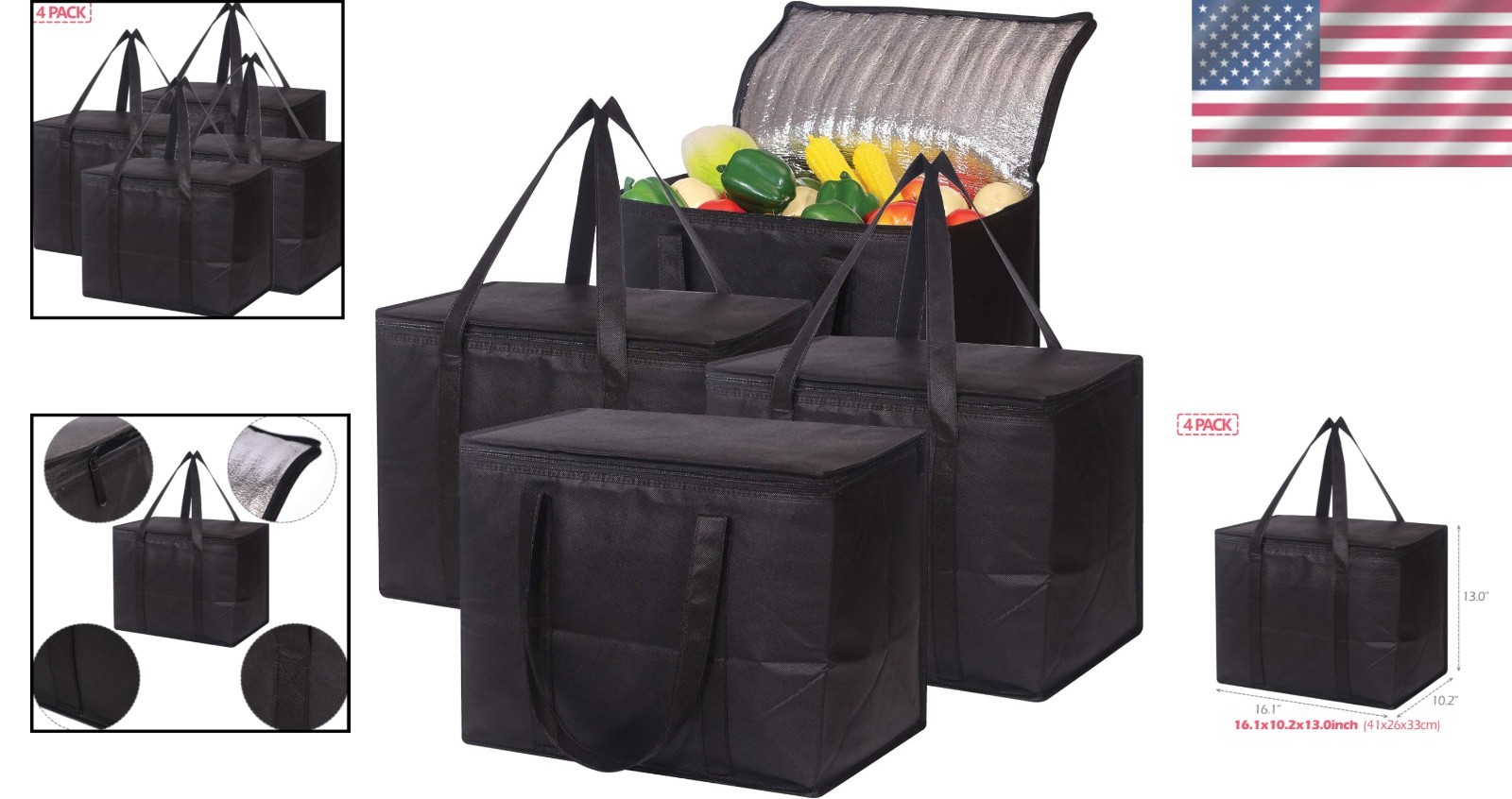 Insulated Reusable Bags with Sturdy Zipper – 4 Pack