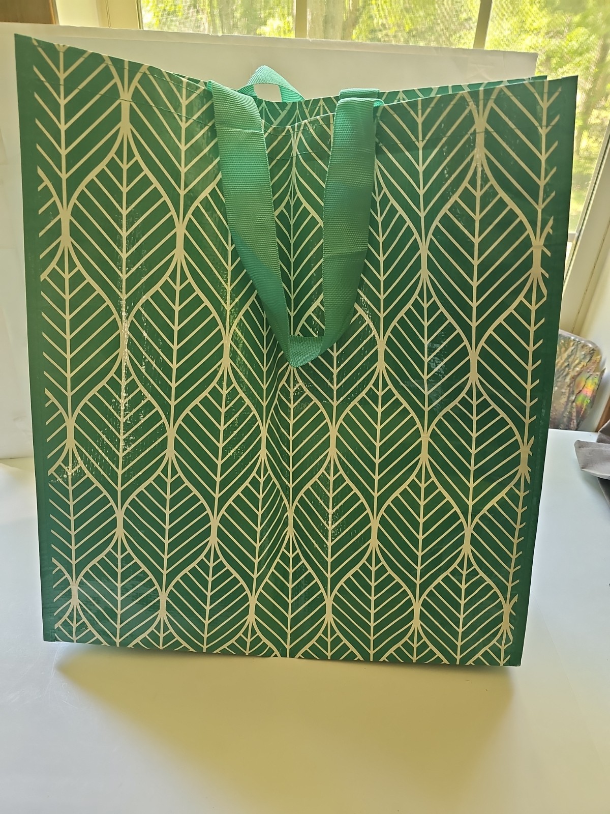 DG Reusable Shopping Tote Bag Size 6x18x19″ Teal Green White Geometric Large