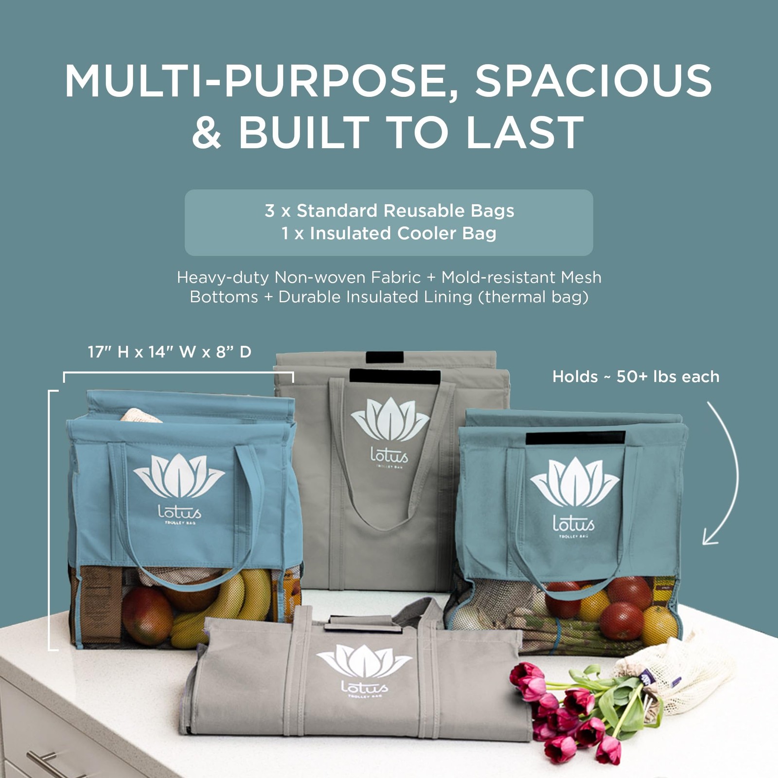 Lotus Earth Tone Trolley Reusable Shopping Bags (4-Pack) – Detachable & Reusa…