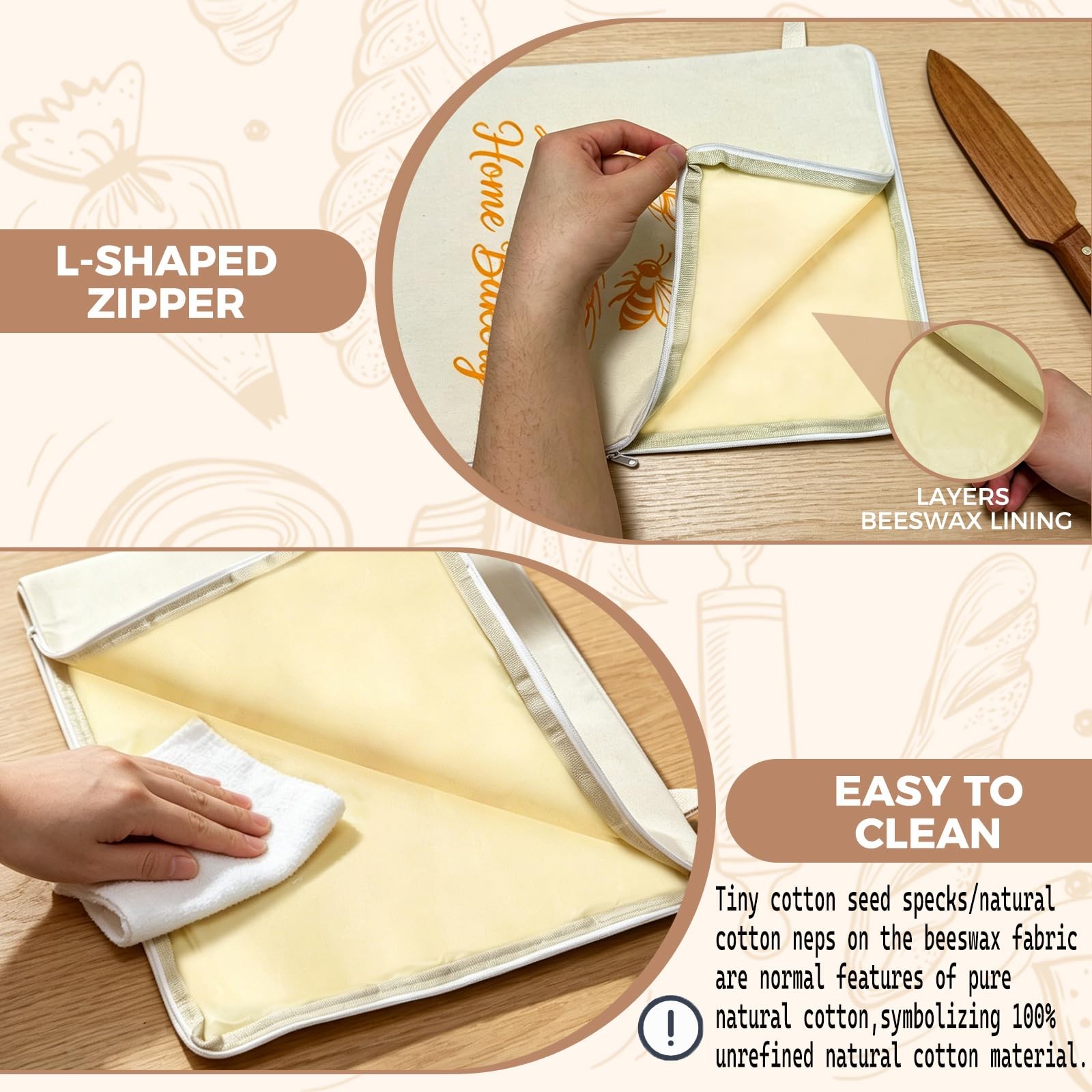 2PCS Reusable Beeswax Bread Bag for Homemade Bread, within 16 inch, beige