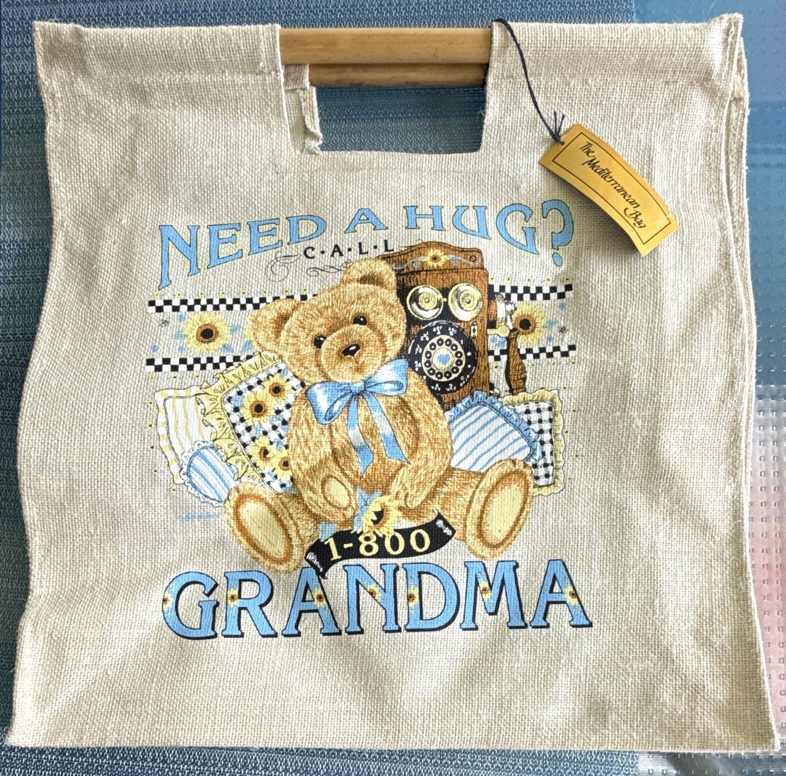 Mediterranean Bag Teddy Bear Hug Grandma 19 in square, 6 in wide Wood handle