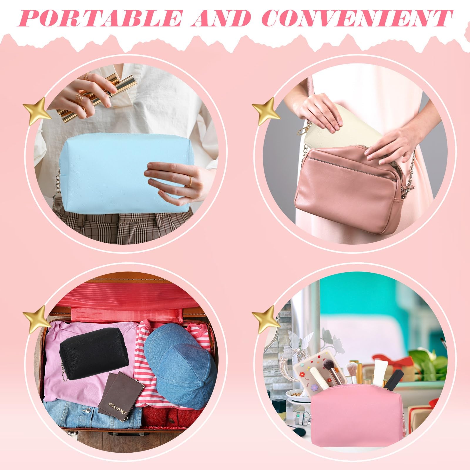 24 Pcs Preppy Makeup Bag PU Leather Cosmetic Bag Bulk Makeup Plain Pouch Waterpr