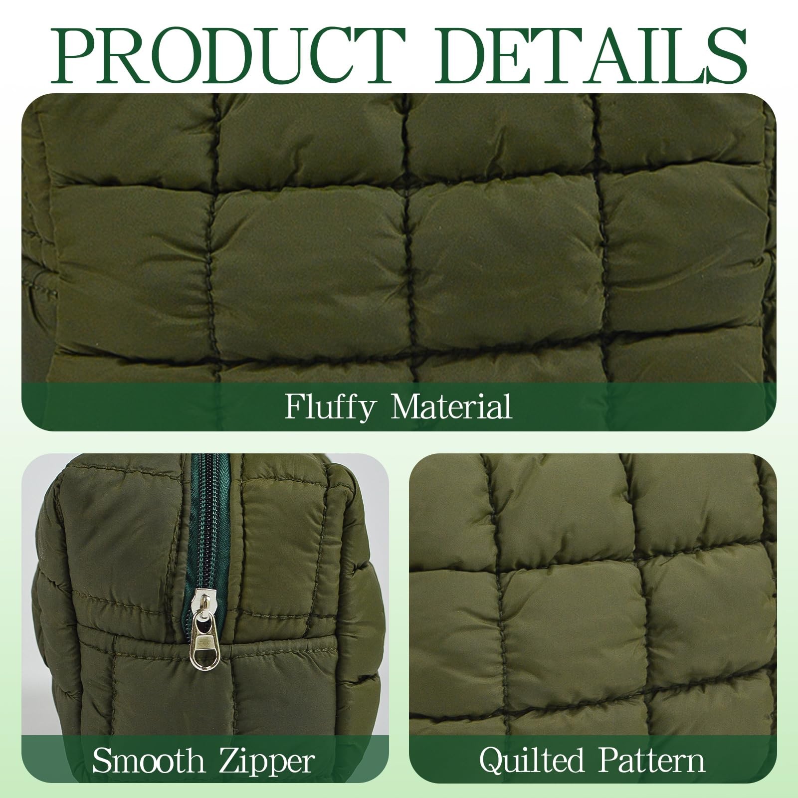 AMZMA Puffy Quilted Makeup Bag for Women, Water-Resistant Military green