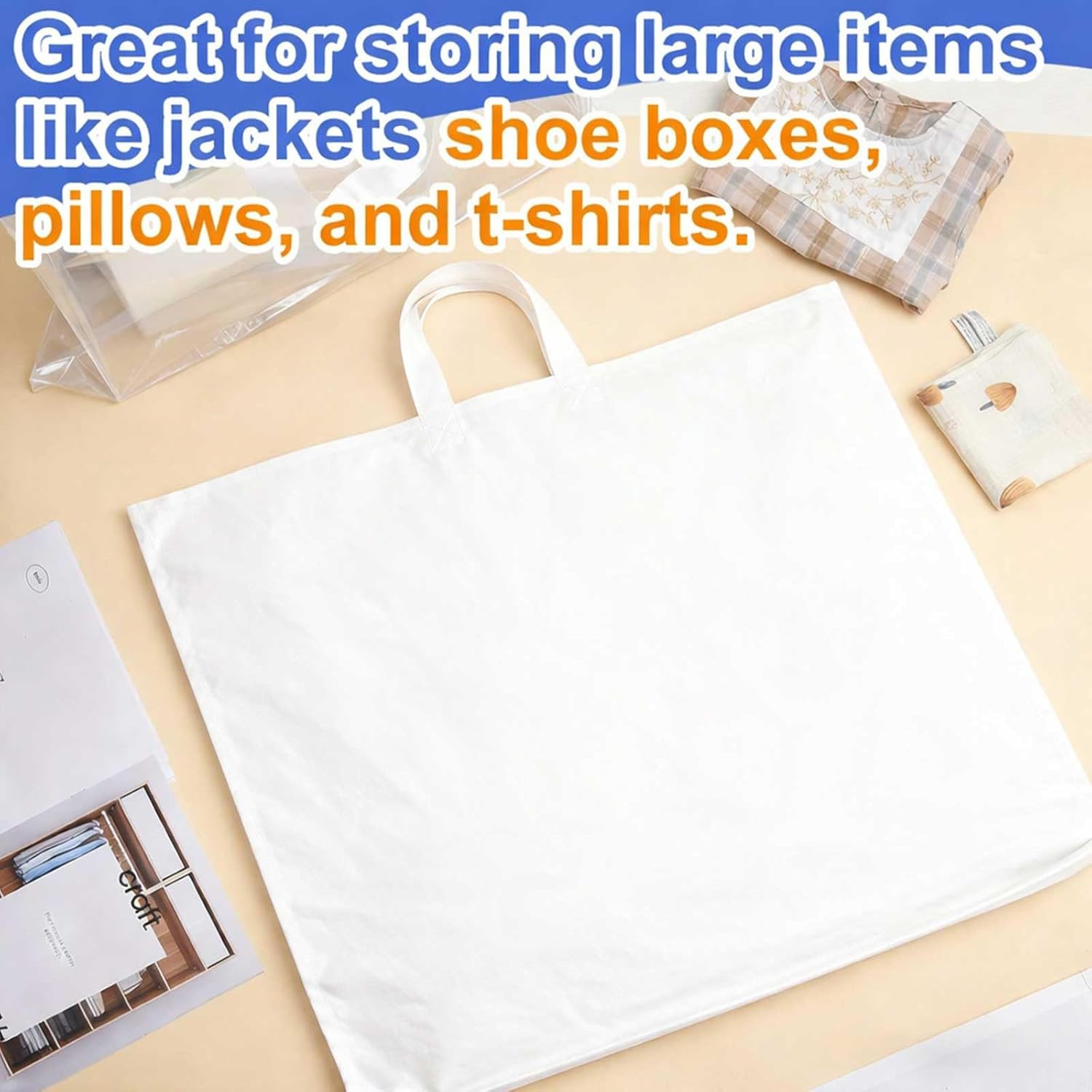 50 Pack 24″ X 24″ Large White Plastic Shopping Bags with Handles Reusable Mercha