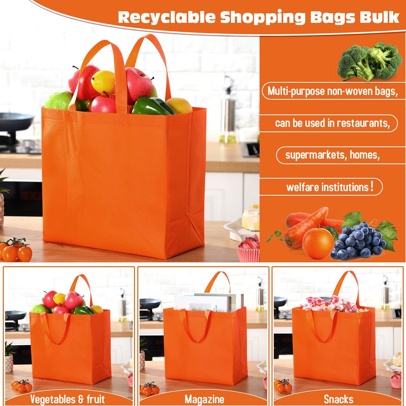 Reusable Grocery Bags Large Non Woven Shopping Tote Bulk 12.6×11.8×6.3 Inch