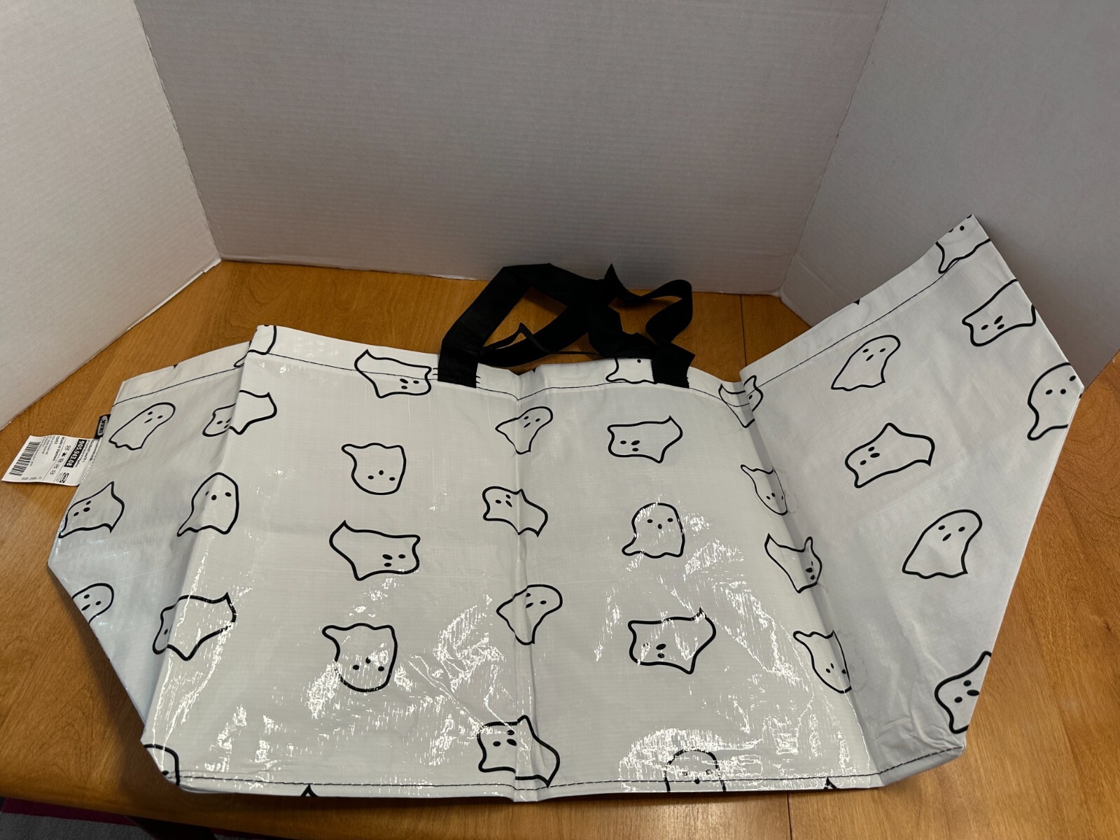 Ikea KUSTFYR Shopping Bag Tote Large 19 Gallon White/Black Ghost 21 ¾x13 ¾x14 ½”