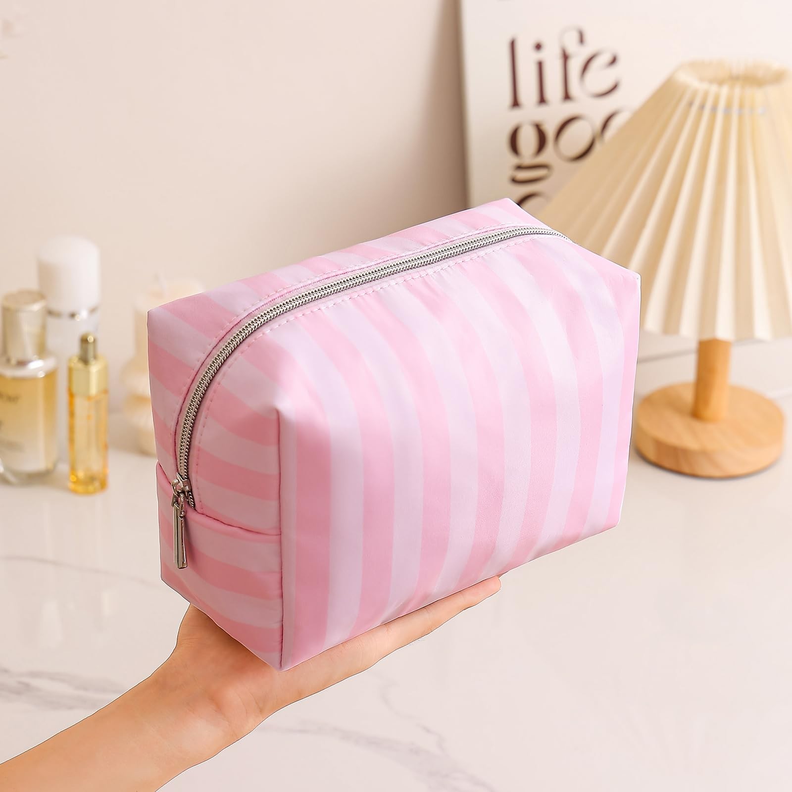 Lestikave Cute Pink & White Stripe Makeup Bag for Women Girls,Nylon 01Simple