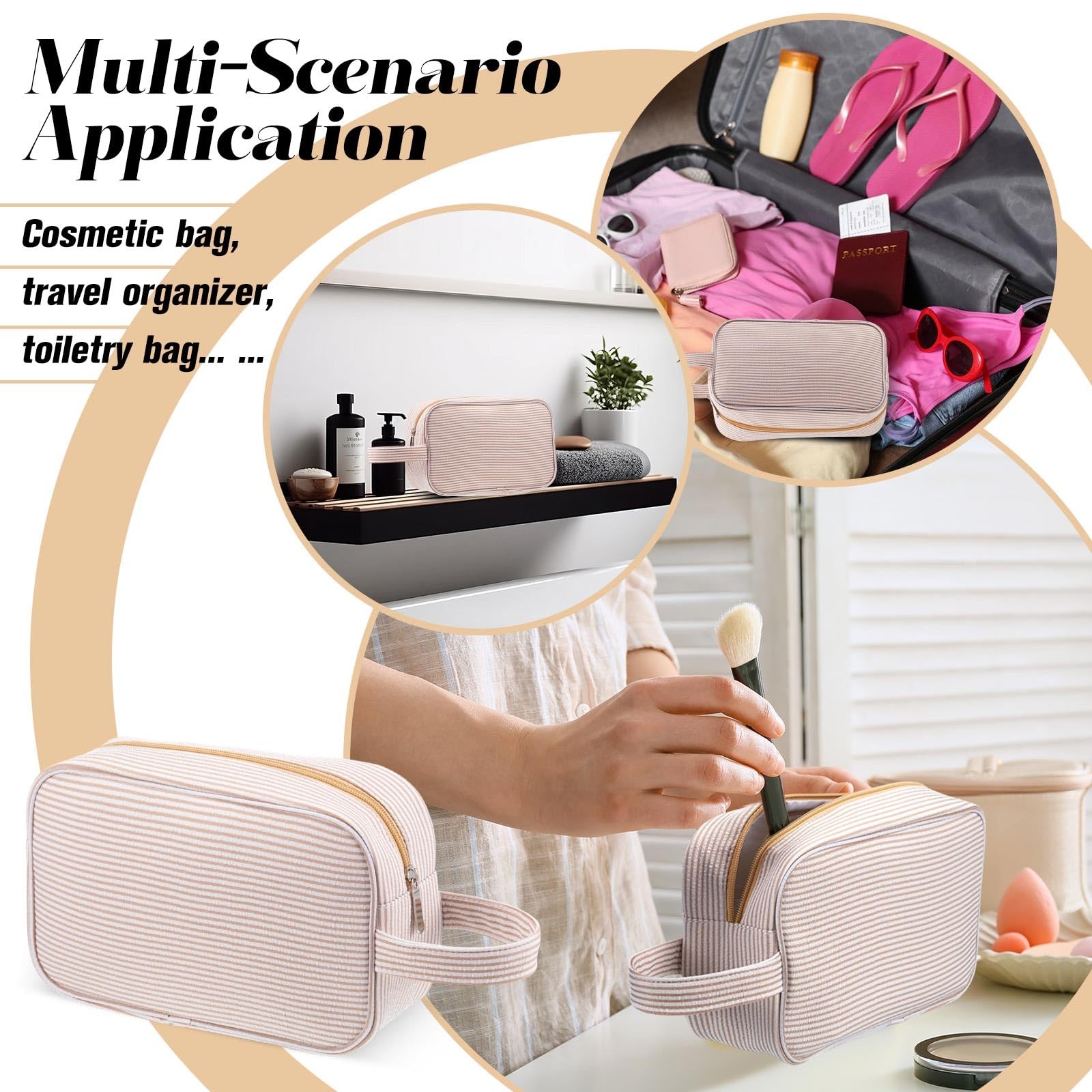 Huhumy Seersucker Makeup Bag for Women Cosmetic Cute Stripe Trendy Khaki