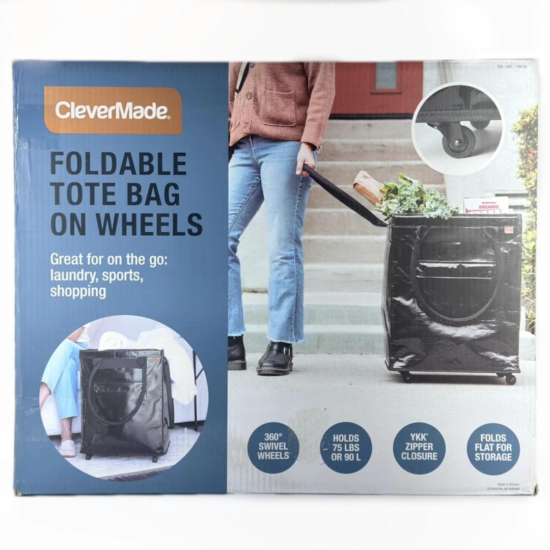 New Black CleverMade Foldable Tote Bag W/Wheels 24x18x14″ Utility Cart Holds 75