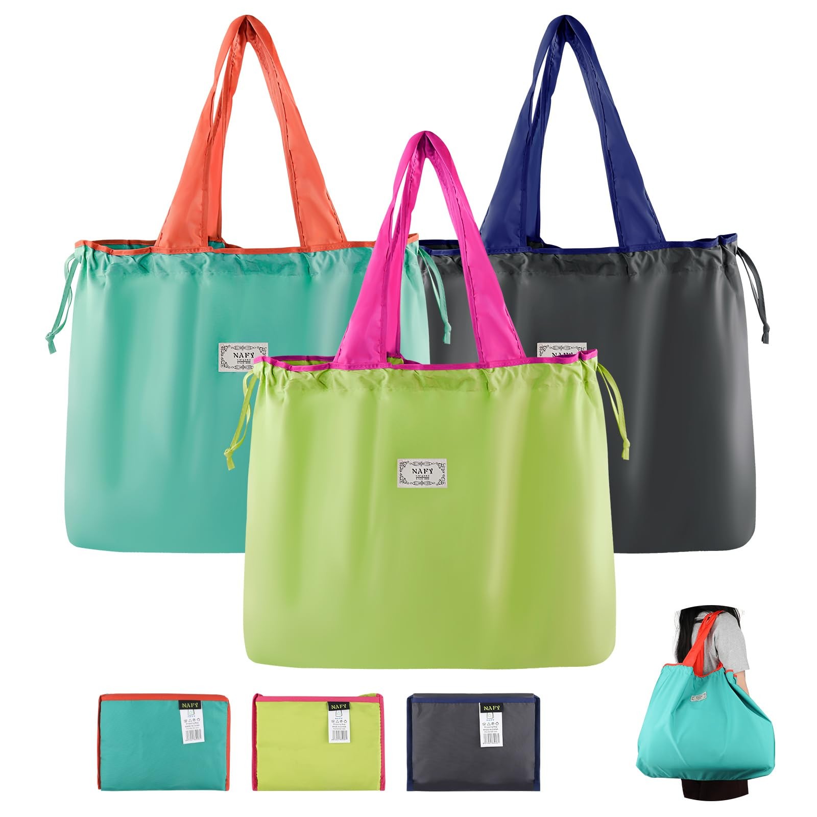 3 Pack Large Reusable Foldable 21″ x 16.5″ x 7.9″, Blue Green Black