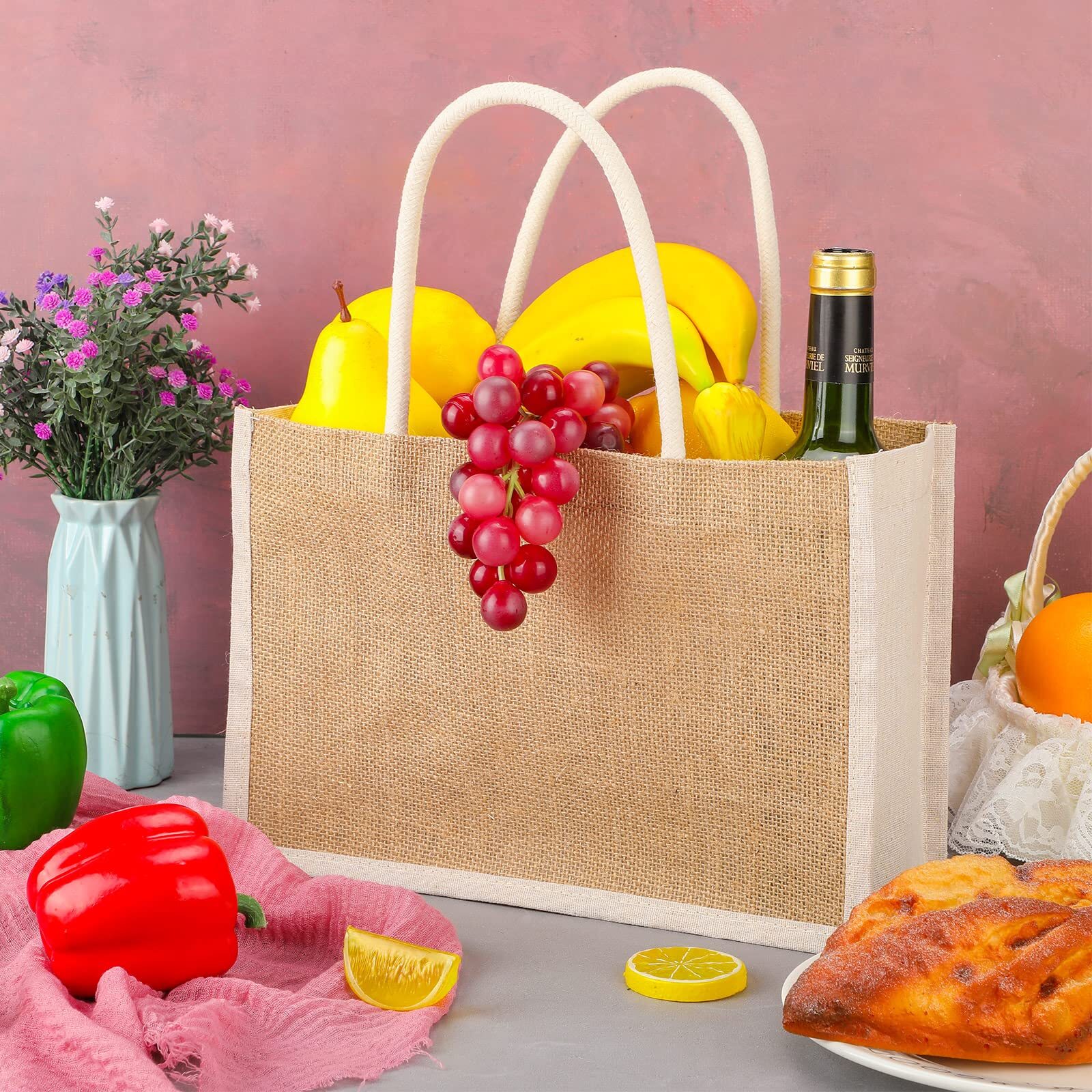 6 Pcs Burlap Gift Bags Jute Tote Bags with Handle Medium Reusable Multipurpos…