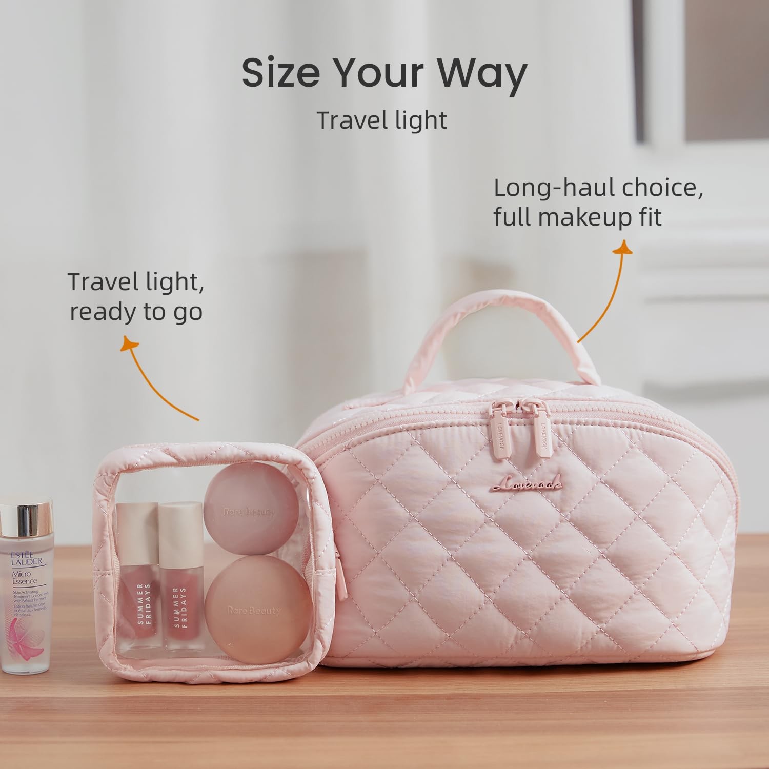 LOVEVOOK Travel Makeup Bag for Women, 2Pcs Puffer Waterproof Medium, Pink