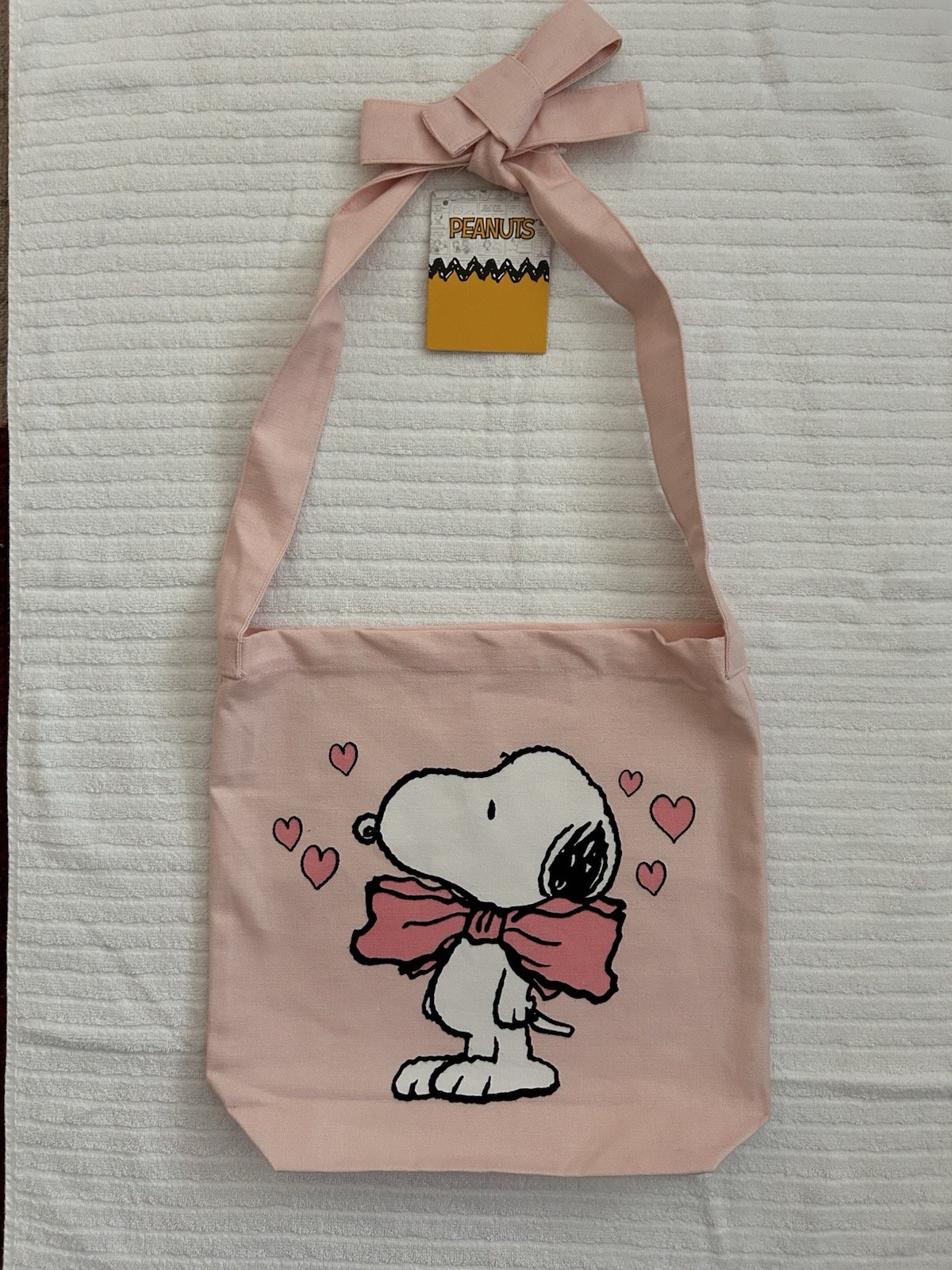 Snoopy Peanuts Valentine Canvas Tote Shoulder Bag Pink Hearts 14″ x 13″ NWT