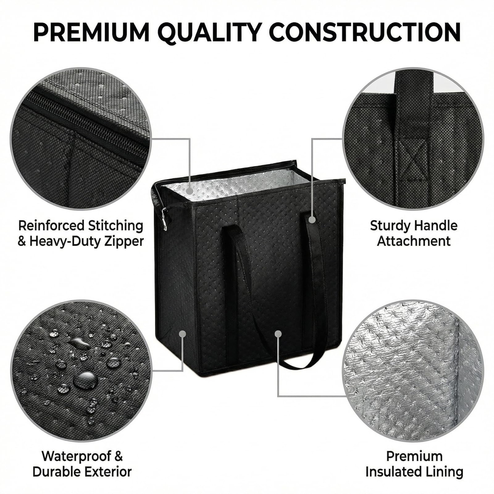 4 PCS 11.8x13x7.1 Inch Black Leakproof Insulated Grocery Bags Thermal Cooler
