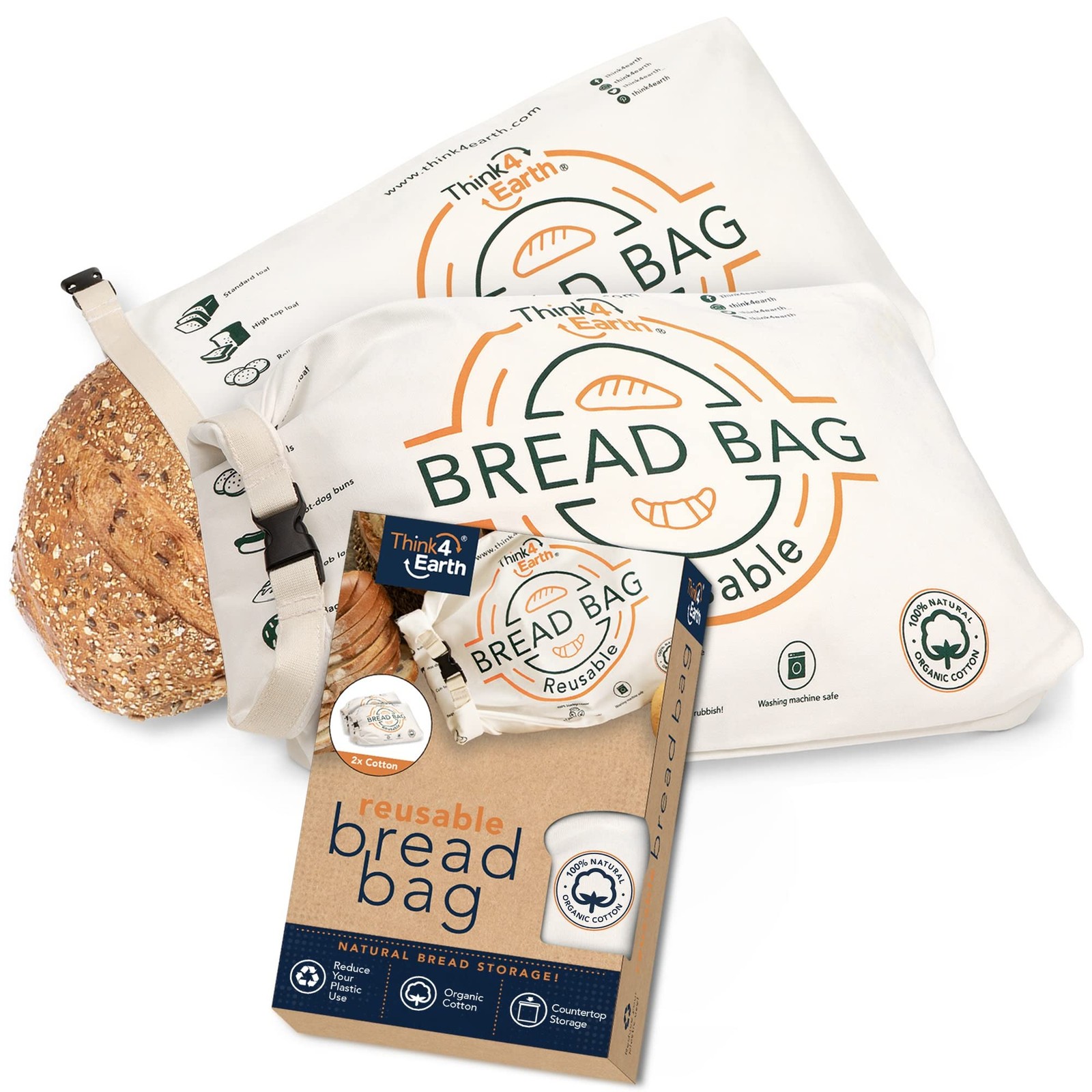 Think4Earth® – Reusable Organic Cotton Bread Large – 2 Units, Natural
